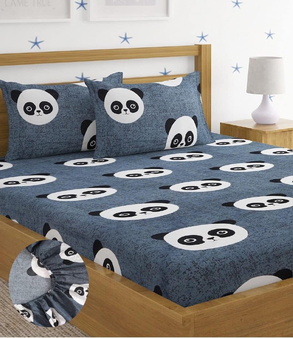 Home Sizzler 144 TC Microfibre Kid's Panda Elastic Fitted Double Bedsheet (72X78 inch) with 2 King Size Pillow Covers