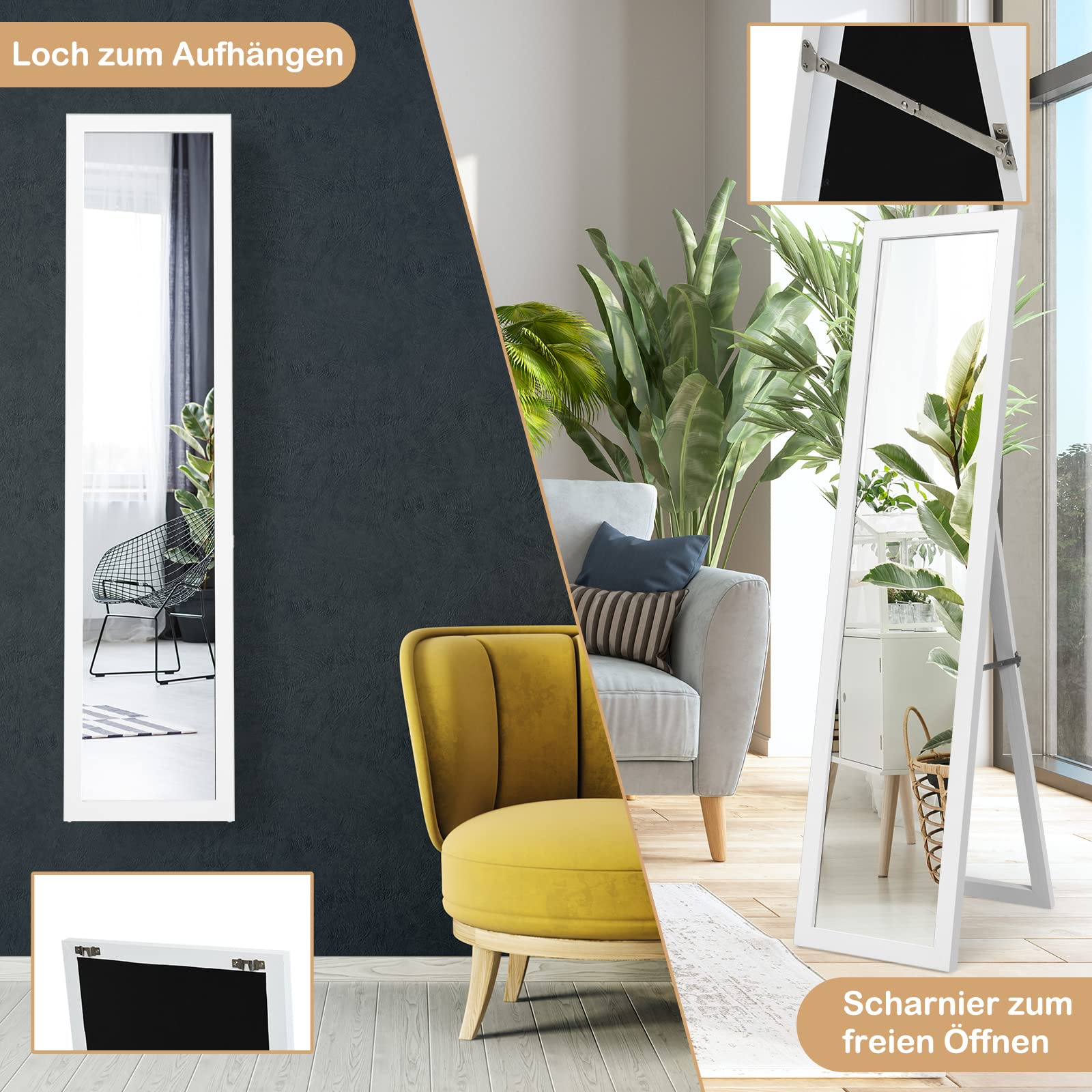 RELAX4LIFE 2 in 1 Ganzkörperspiegel, 155 x 37 cm, rustikale Standspiegel & Wandspiegel, Ankleidespiegel mit Holzrahmen & Hartglas, verstellbar & freistehend, für Schlafzimmer, Garderobe, Flur, Weiß