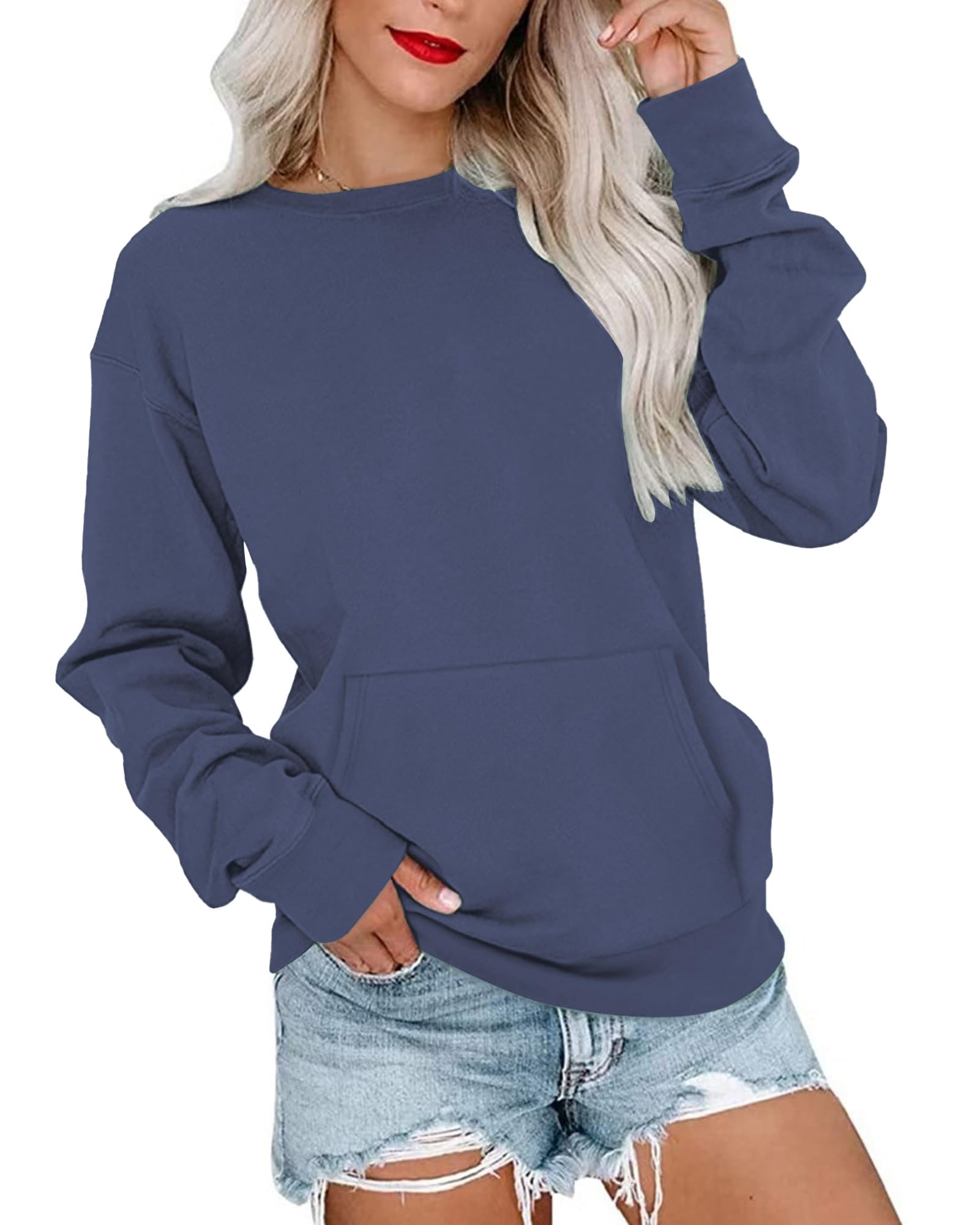 WNEEDU Sudadera de mujer ligera de manga larga Camisetas de otoño para mujer con bolso de canguro azul profundo L