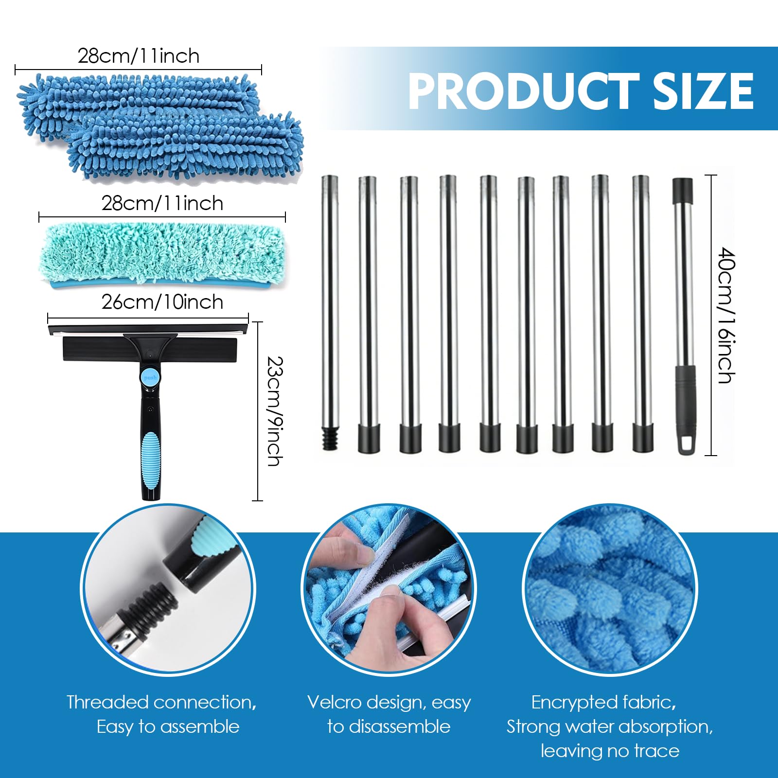 Limpiacristales Telescopico, 10 Palos, 0,13-4 m, Cabezal Giratorio 180°, Paños Repuesto, Chenilla y Cepillo, para Techos Terrazas, Invernaderos, Claraboyas, Grandes Superficies Acristaladas - 3