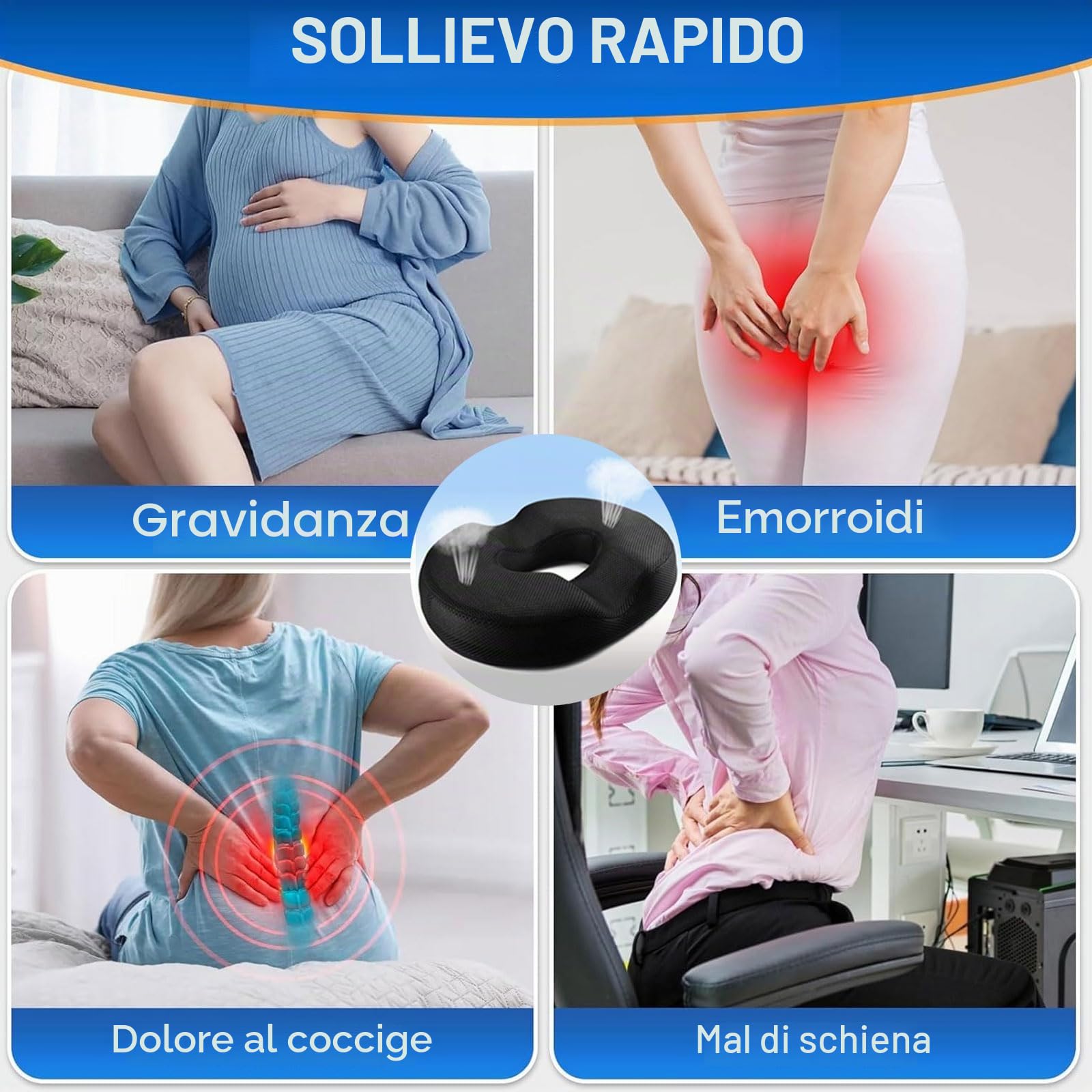 Cuscino per coccige per dolore al coccige, anello a ciambella, in memory foam, sollievo dal dolore per emorroidi, piaghe da letto, prostata, gravidanza, post parto, ideale per ufficio, auto,