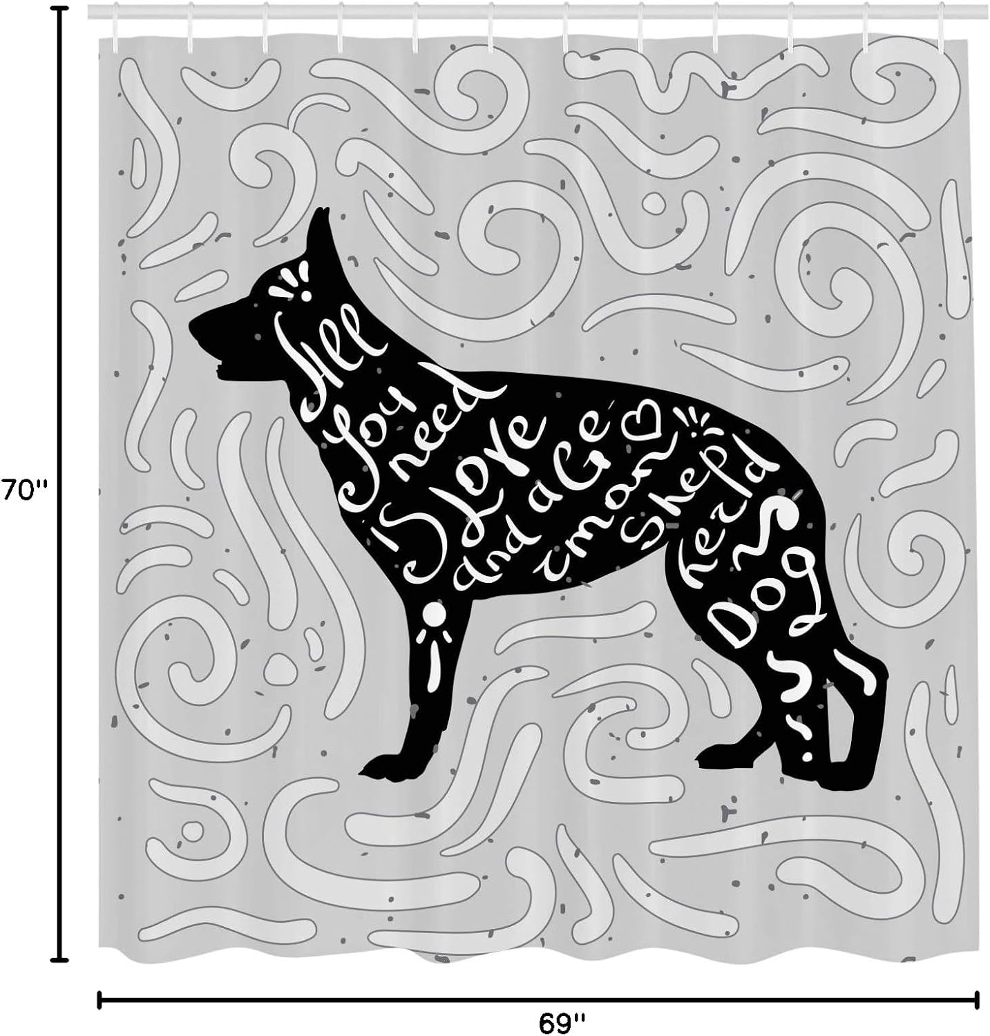 Ambesonne All You Need is Love Shower Curtain, German Shepherd Dog Silhouette with The Phrase and Doodles, Cloth Fabric Bathroom Decor Set with Hooks, 69" W x 70" L, Pale Grey Black White