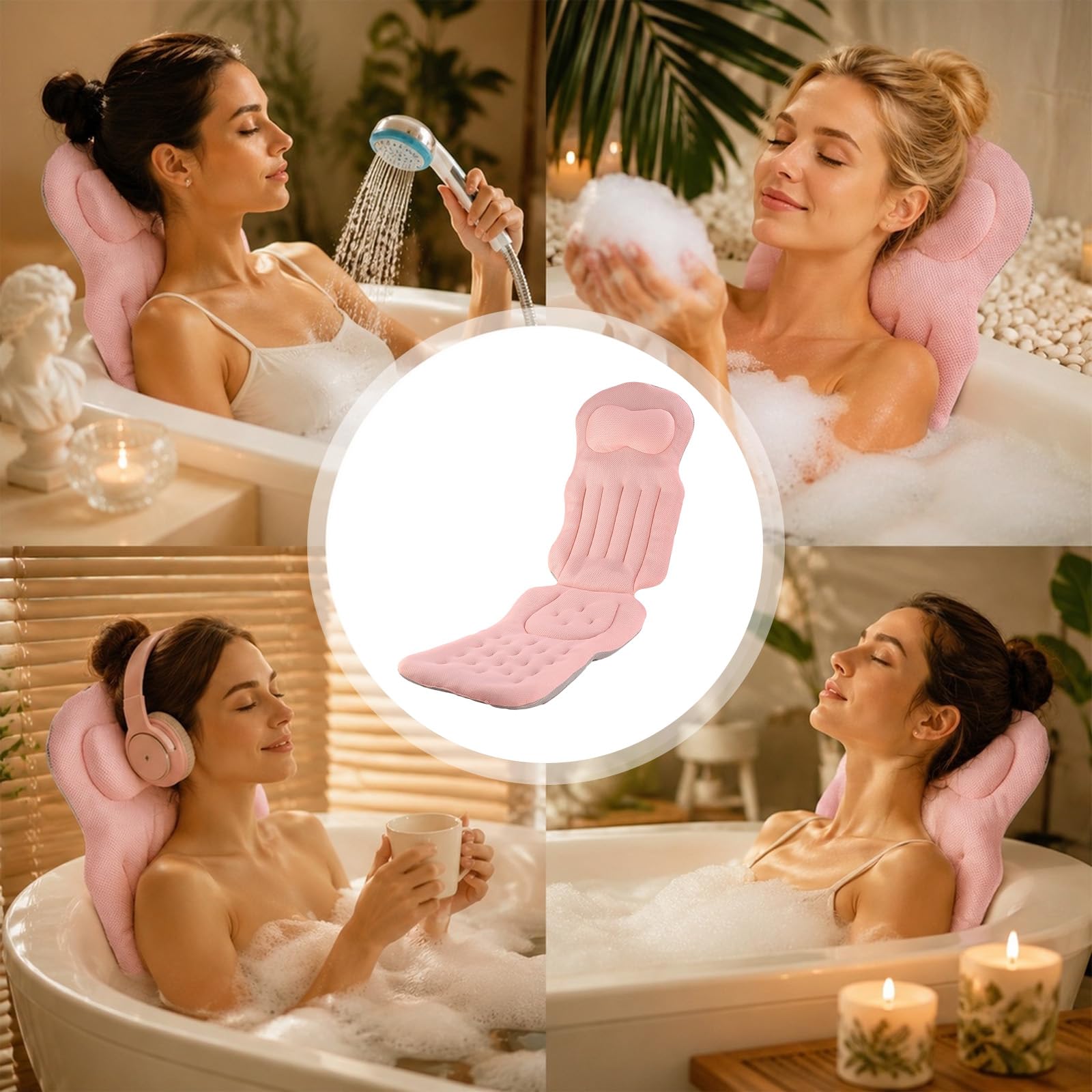 Cuscino per vasca da bagno, cuscino per vasca da bagno, cuscino per vasca da bagno con poggiatesta per alleviare il collo e la schiena, cuscino da bagno con forti ventose (rosa)