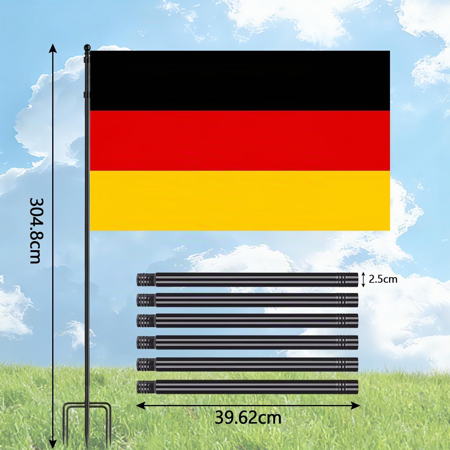 Fahnenmast, 3m, Aluminium, mit Erdspieß, für Garten und Terrasse