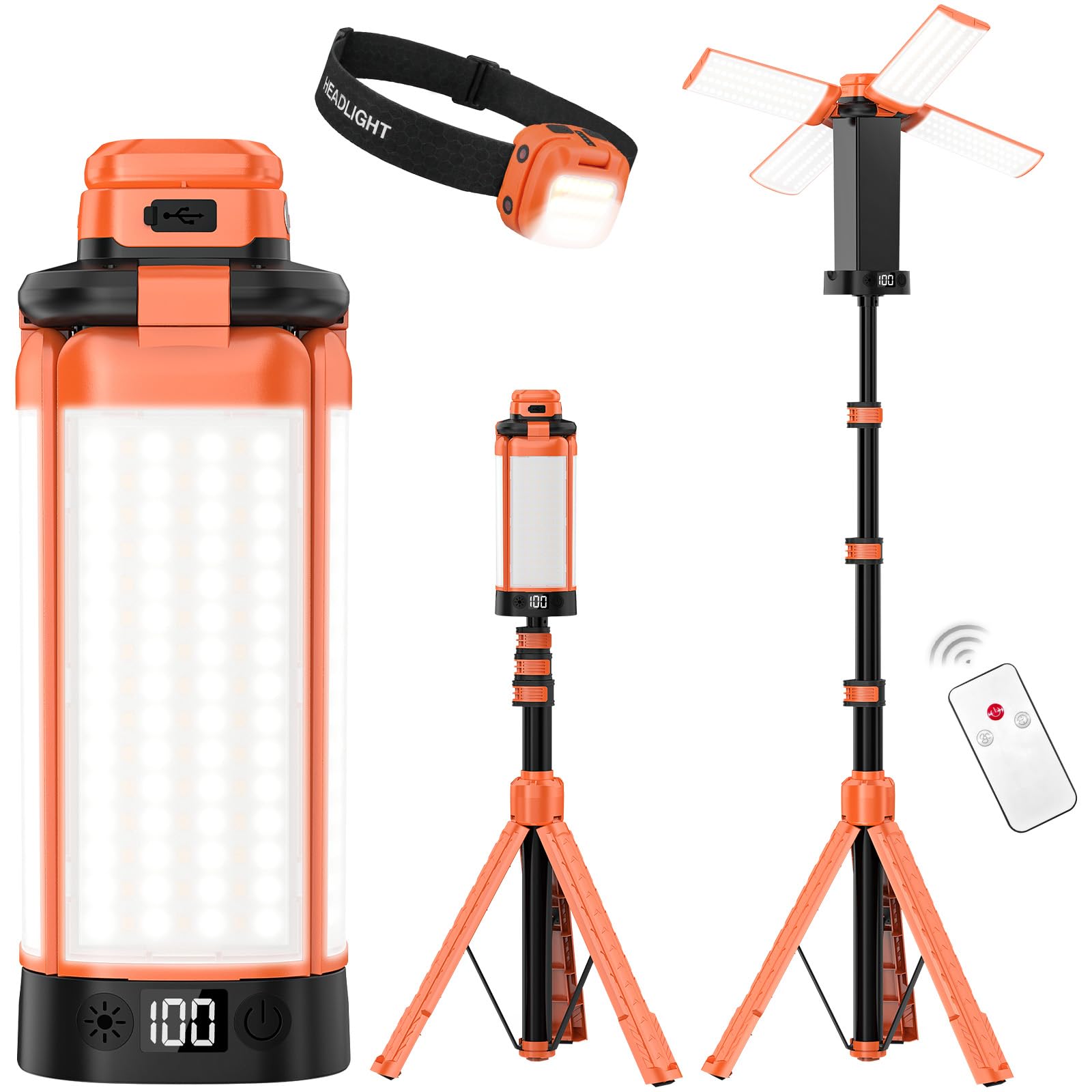 Campinglampe Aufladbar mit Stativ 18000 mAh, 3 Lichtfarben, 6000LM dimmbare LED Arbeitsleuchte mit Magnet Haken und SOS-Funktion, IP65 Werkstatt, Camping Garage Baustelle Notfälle (Orange Farbe)