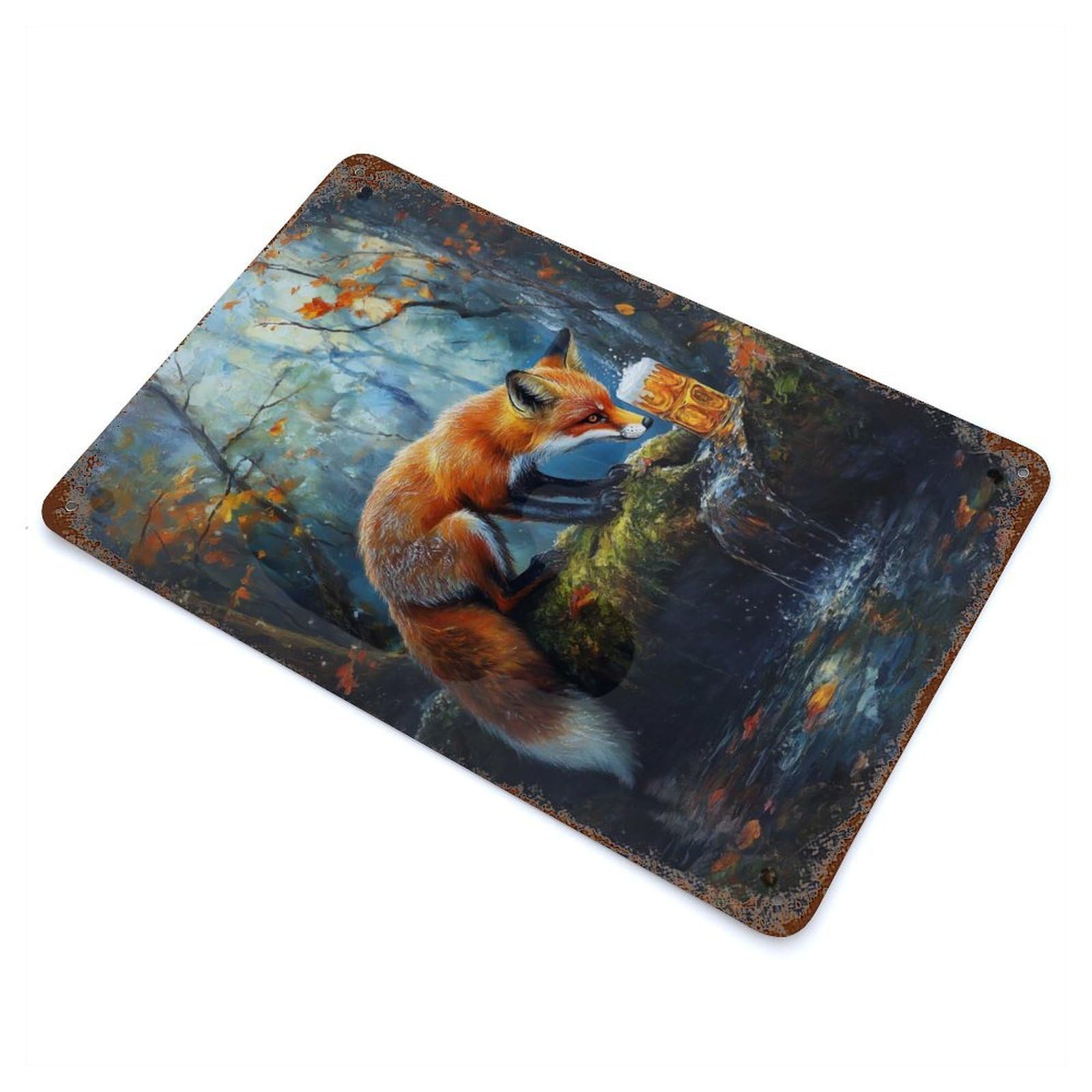 Rust Effect Fox And Beer in The Woods Rusty Metal Tin Sign 11.8"x7.9", Old School Wall Decor for Basement, Hobby Room And Garage Decor