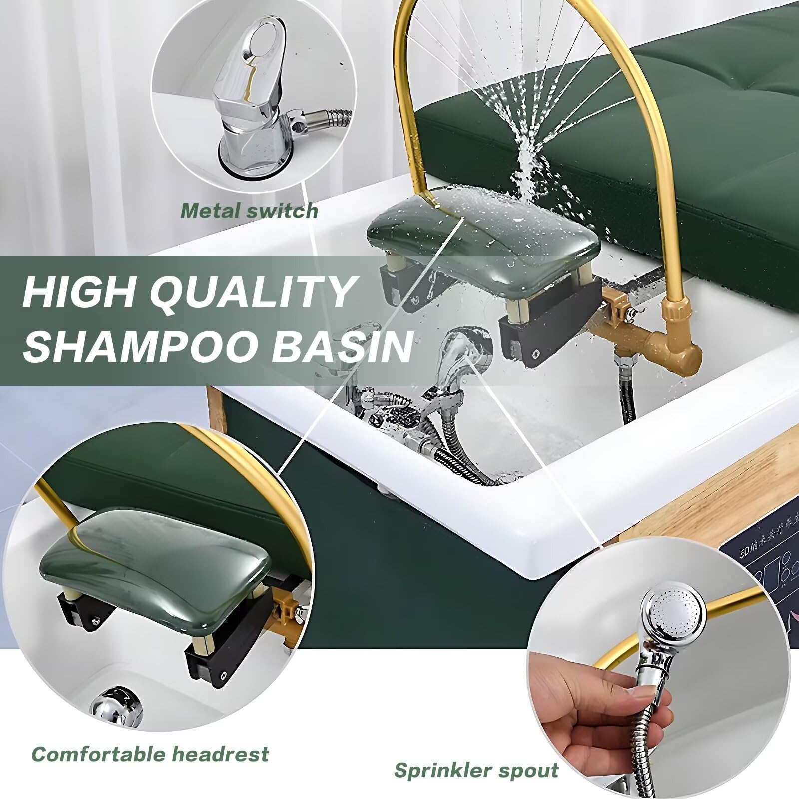 Professionelle Massage-Shampoo-Liege, Salon-Kopf-Spa-Ausstattung mit Massivholzrahmen, Gesichtsbehandlungsliege, Bequeme Kopfstütze, offener Stauraum, Wasserkreislauf und Begasung (grün)