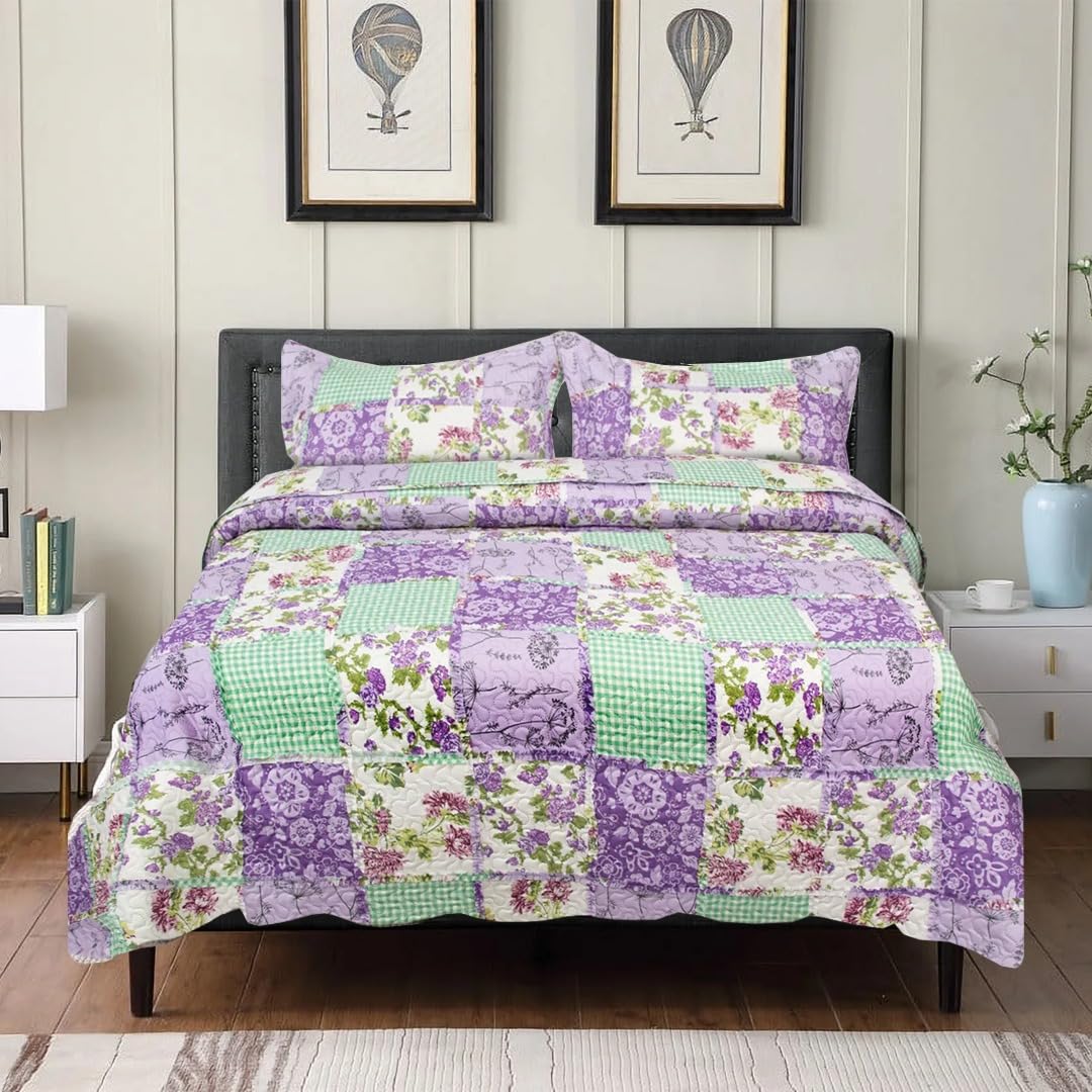 ZIYA HOMES Single Quilted Reversible Patchwork Bedspread Comforter Bed Throw with Pillow Sham Coverlet 3-Piece Bedding Set Cotton Microfiber Polyester