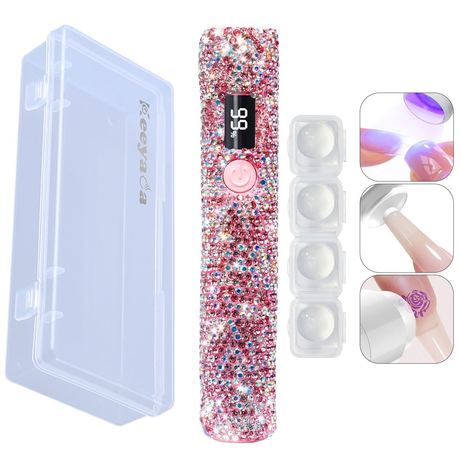 keeyada 3W Portable LED Nail Lamp with Sparkly Rhinestones, Handheld UV Light, Wireless Rechargeable USB Nail Dryer with Silicone Stamper, LCD Display