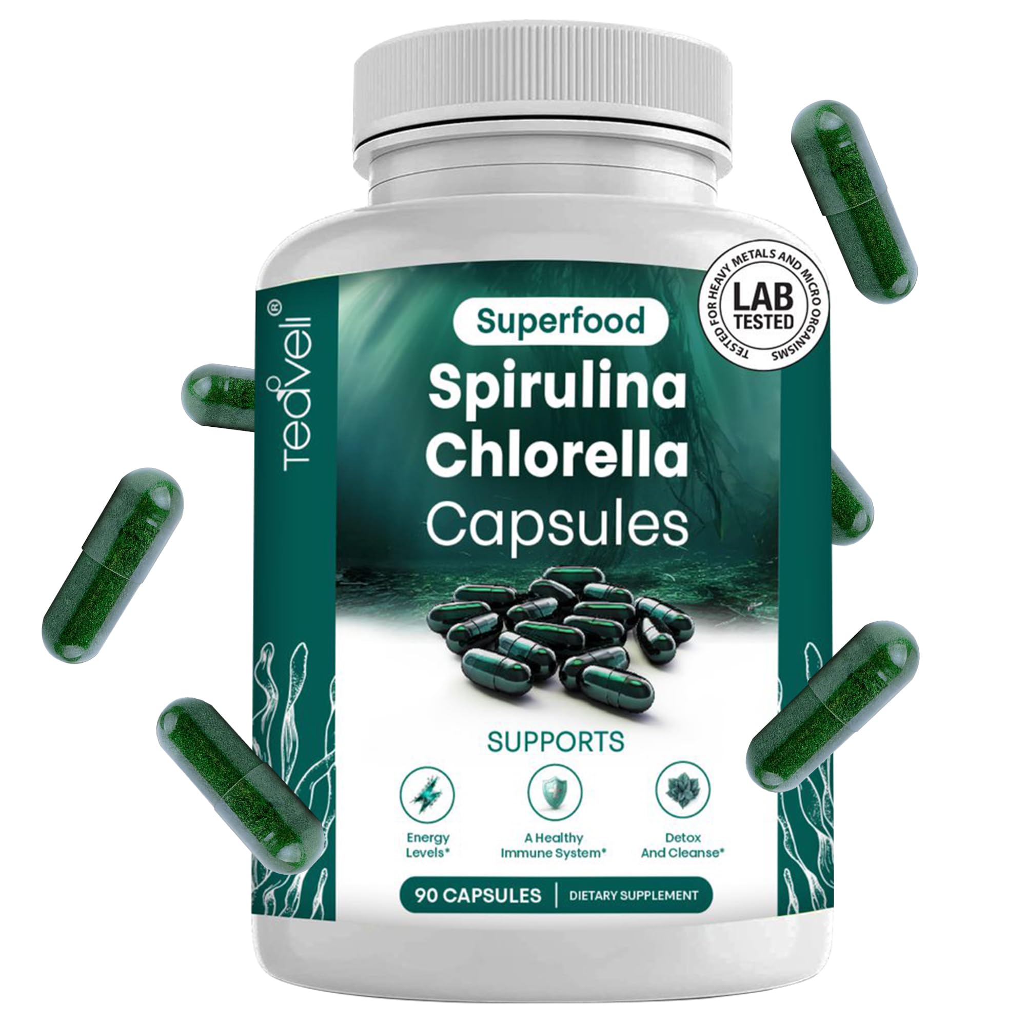 Spirulina and Chlorella Capsules – Chlorophyll Pills & Blue Green Algae to Support Powerful Detox, Energy & A Healthy Immune System– 3X More Chlorella Spirulina Powder/Serving – 90 Ct