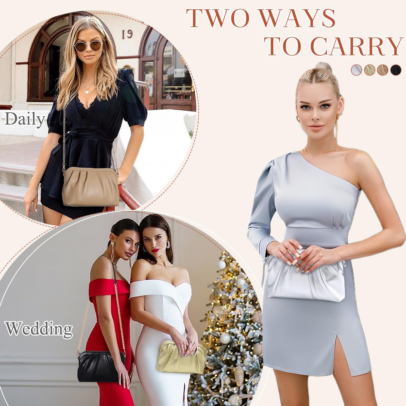 VASCHY Pochettes et Clutches Femme, Élégant Plissé Pochette Mariage en Cuir PU Souple Petit Sac de Soirée Cérémonie Sac Bandoulière Femme avec Chaîne