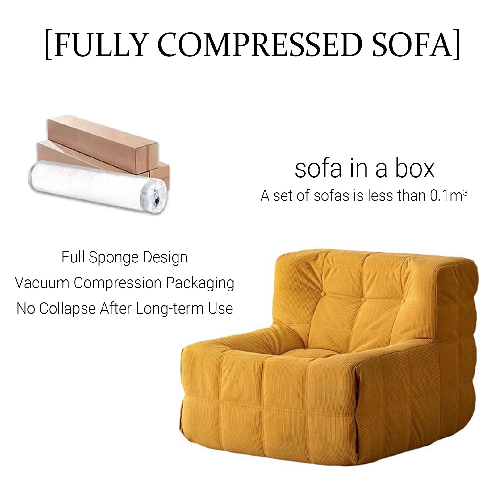 Modulares Ecksofa mit Waffelmuster, Sofa aus Cordstoff, Integrierte Kompressionscouch Ohne Knochen, Kleine Ecksofas füR das Wohnzimmer, Sofa in Einer Box Yellow