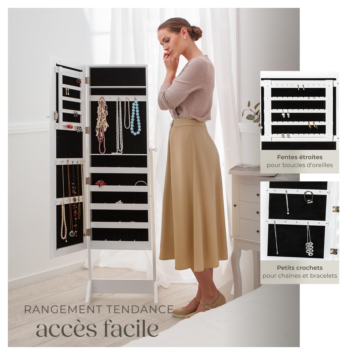 TecTake® Armoire à bijoux avec Miroir intégré, 147 x 45 x 37 cm, Miroir sur pied, Armoire Chambre Dressing Porte Bijoux Femme Collier Boucles d'oreille Bague Meuble Chambre Coffret bijou, Blanc
