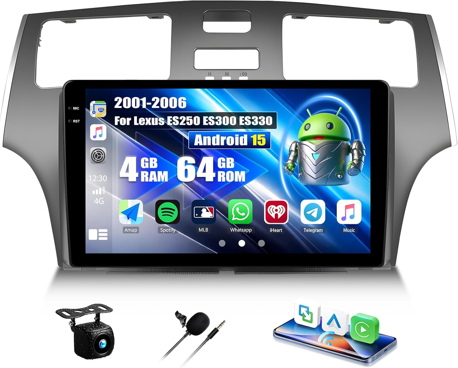 [4G+64G] Car Radio for Lexus ES250 ES300 ES330 2001-2006 with Wireless CarPlay Android Auto,9 inch Touchscreen Android 15 Car Stereo with WiFi,GPS Navigation,Bluetooth,FM/RDS SWC EQ+Backup Camera