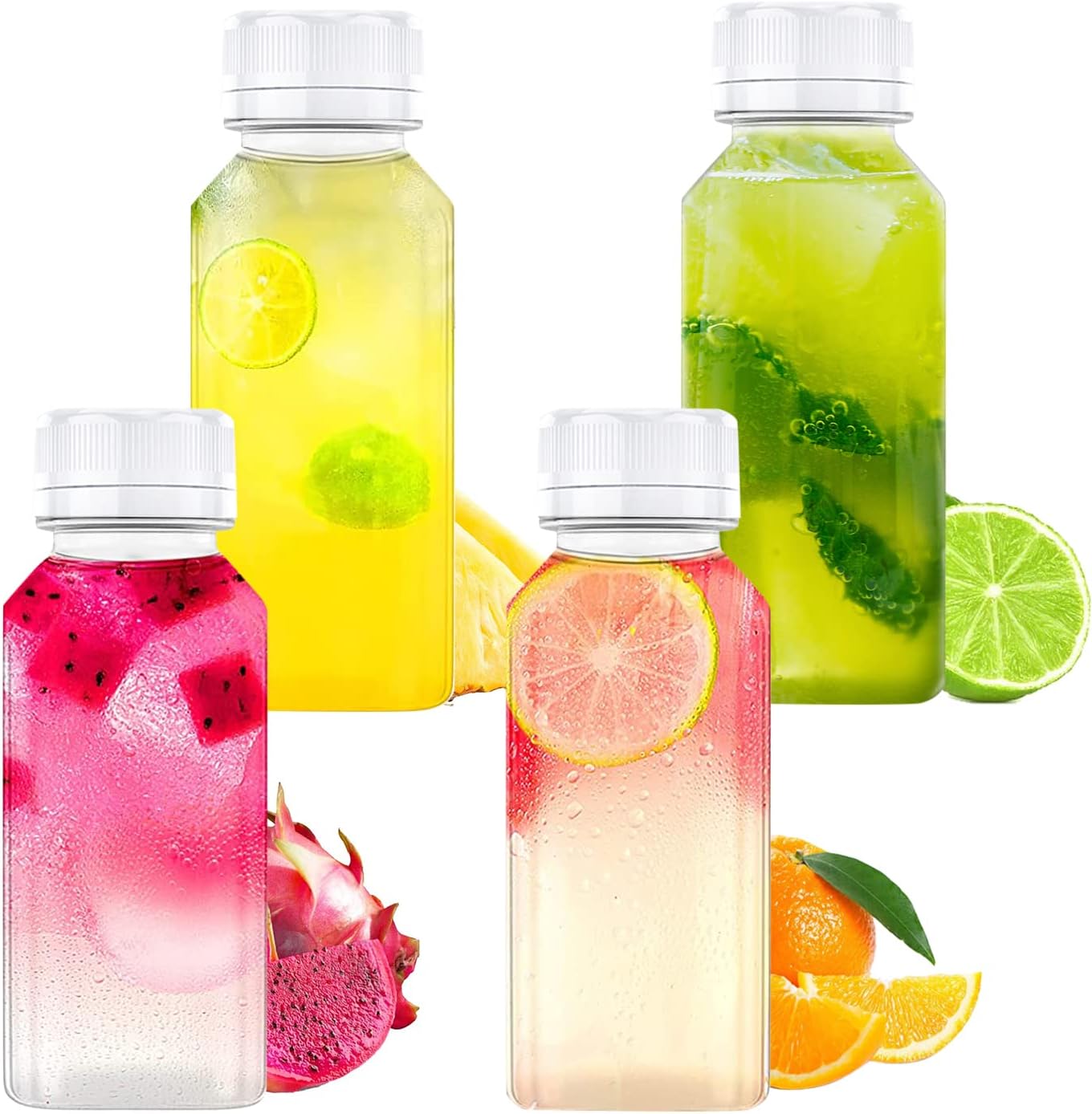 10 OZ Plastic Juice Bottles, Reusable Bulk Beverage Containers, for Juice, Milk and Other Beverages, White 4 Pcs.