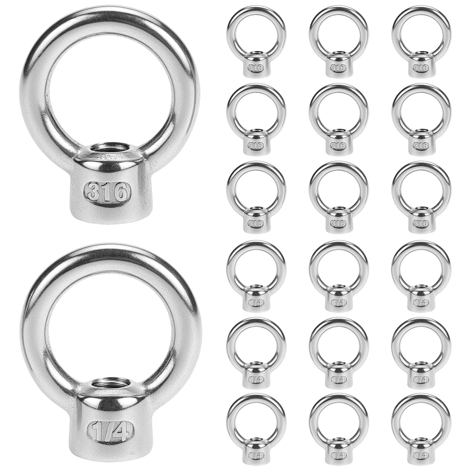 QWORK Marine Grade Stainless Steel 316 Lifting Eye Nut, 1/4" UNC, 20 Pack