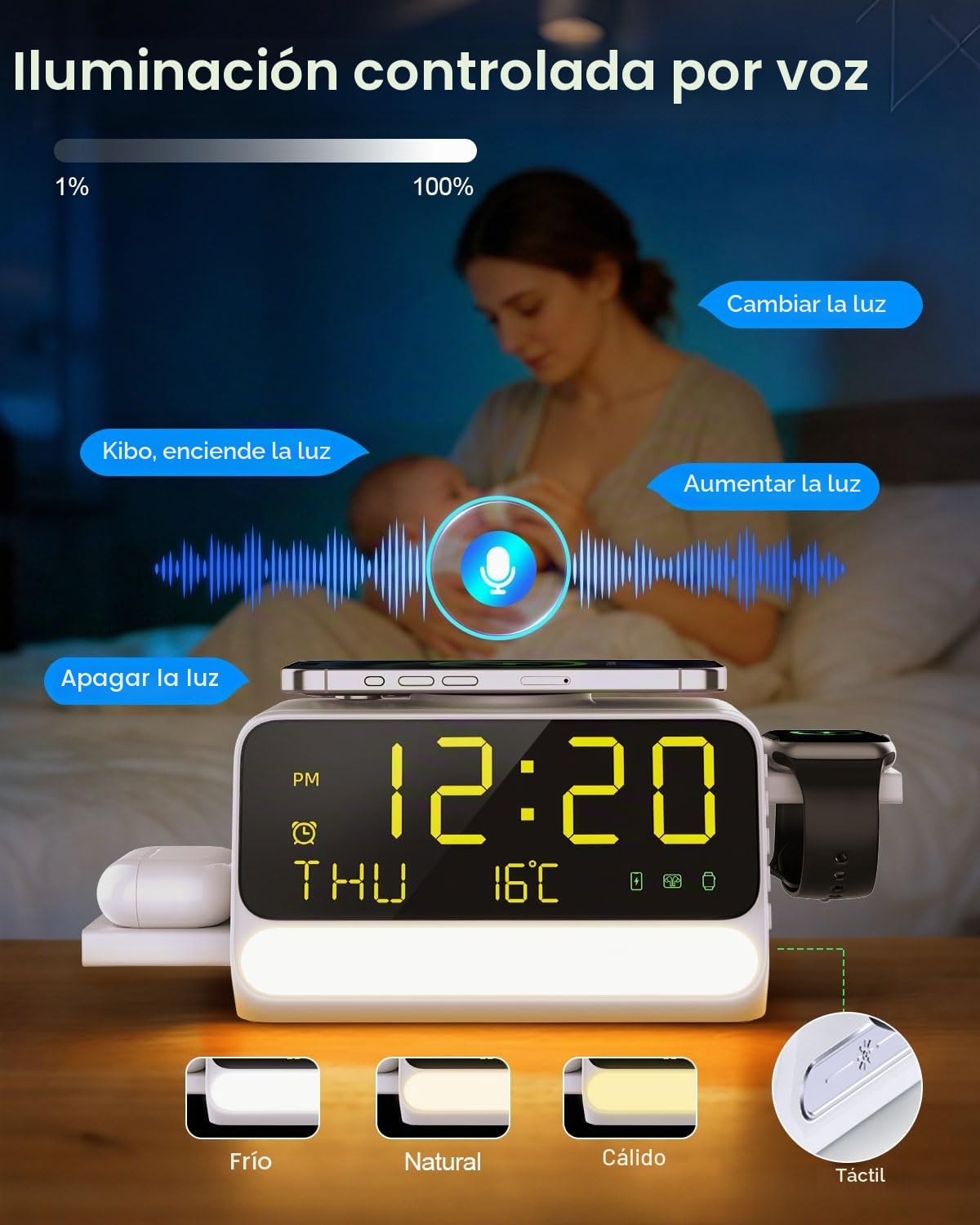 Estación de carga inalámbrica 7 en 1 con despertador, luz nocturna con control de voz, temperatura y fecha, adaptador de 33W, soporte de carga rápida compatible con iPhone Samsung, Apple/Samsung Watch