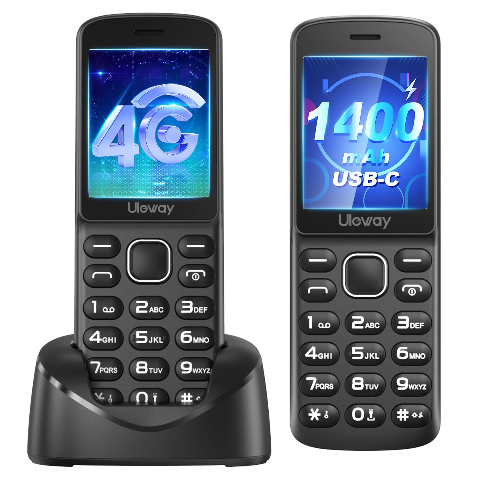 4G Volte Telefono Movil para Mayores con Teclas Grandes | Gran Pantalla de 2,4” | Teléfono Móvil Personas Mayores Libres con Batería de 1400 mAh | Base de Carga | USB-C | Radio FM | Alto Volumen