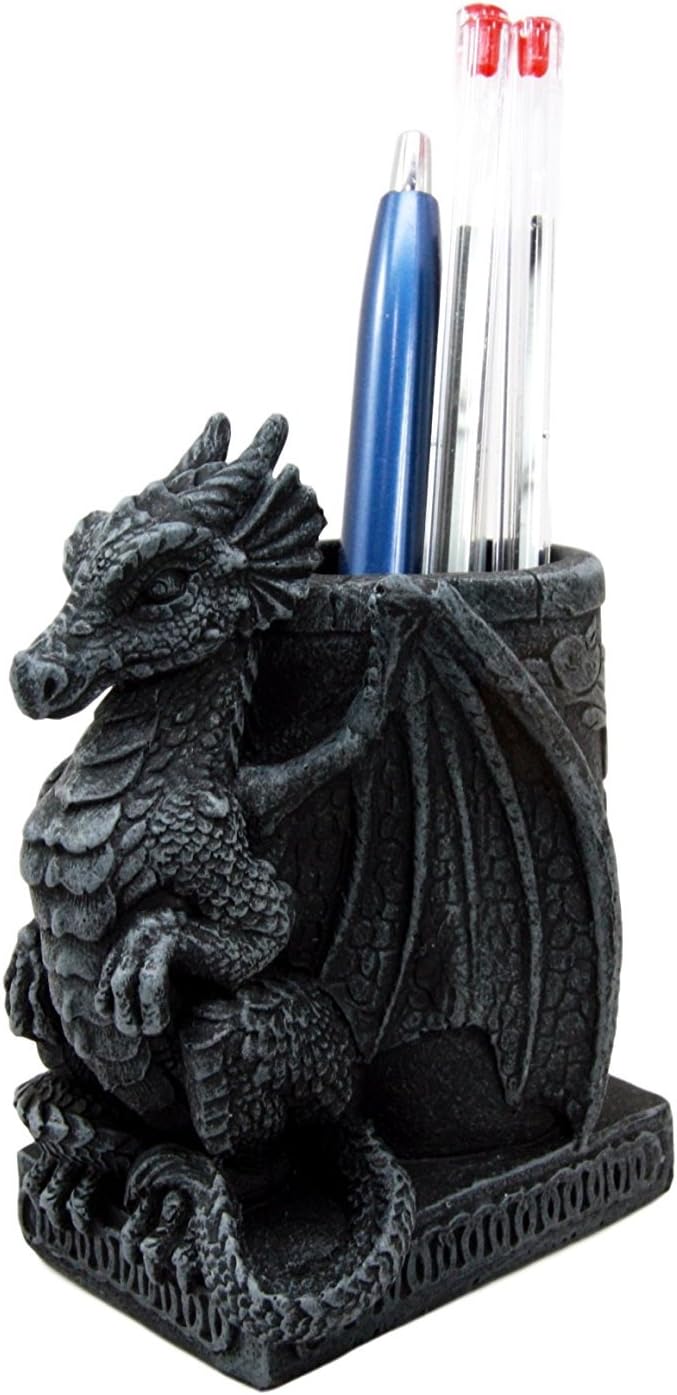 Ebros Medieval Fantasy Smaug Dragon Stationery Holder Statue Gothic Dragons Organizer Office Desktop Pen Pencil Holder Figurine 4.75" Tall Gothic Gargoyle Sentry