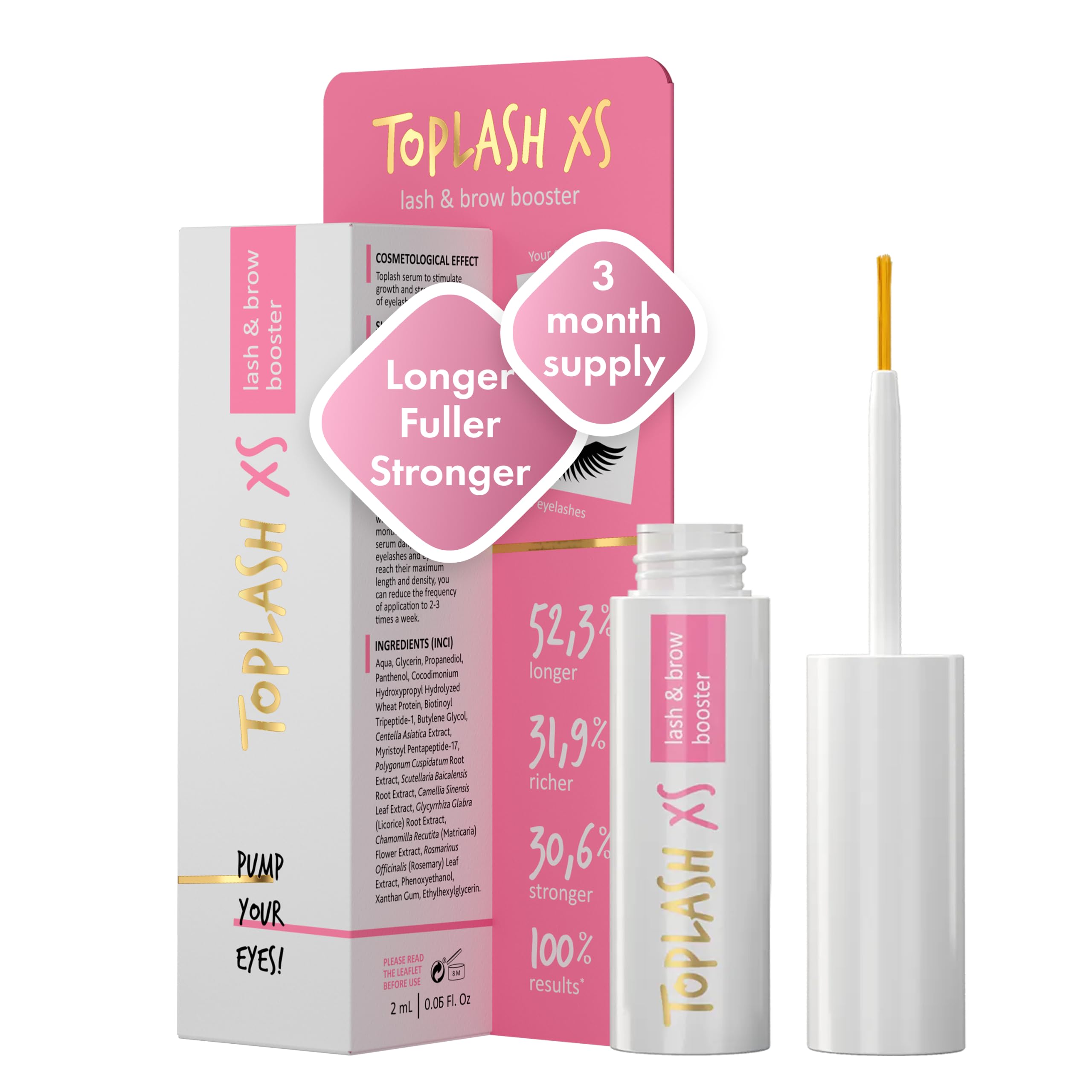 TOPLASH Eyelash Growth Serum - Innovative Formula for Longer, Thicker, Fuller Brows & Lashes - Natural, Cruelty-Free & Hypoallergenic - 0,06 Fl Oz(2 ml)