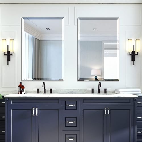 Miniatura 4 de Espejo biselado, espejo de pared de 24 x 36 pulgadas, espejo rectangular sin marco para tocador de baño con borde biselado, se cuelga horizontal o