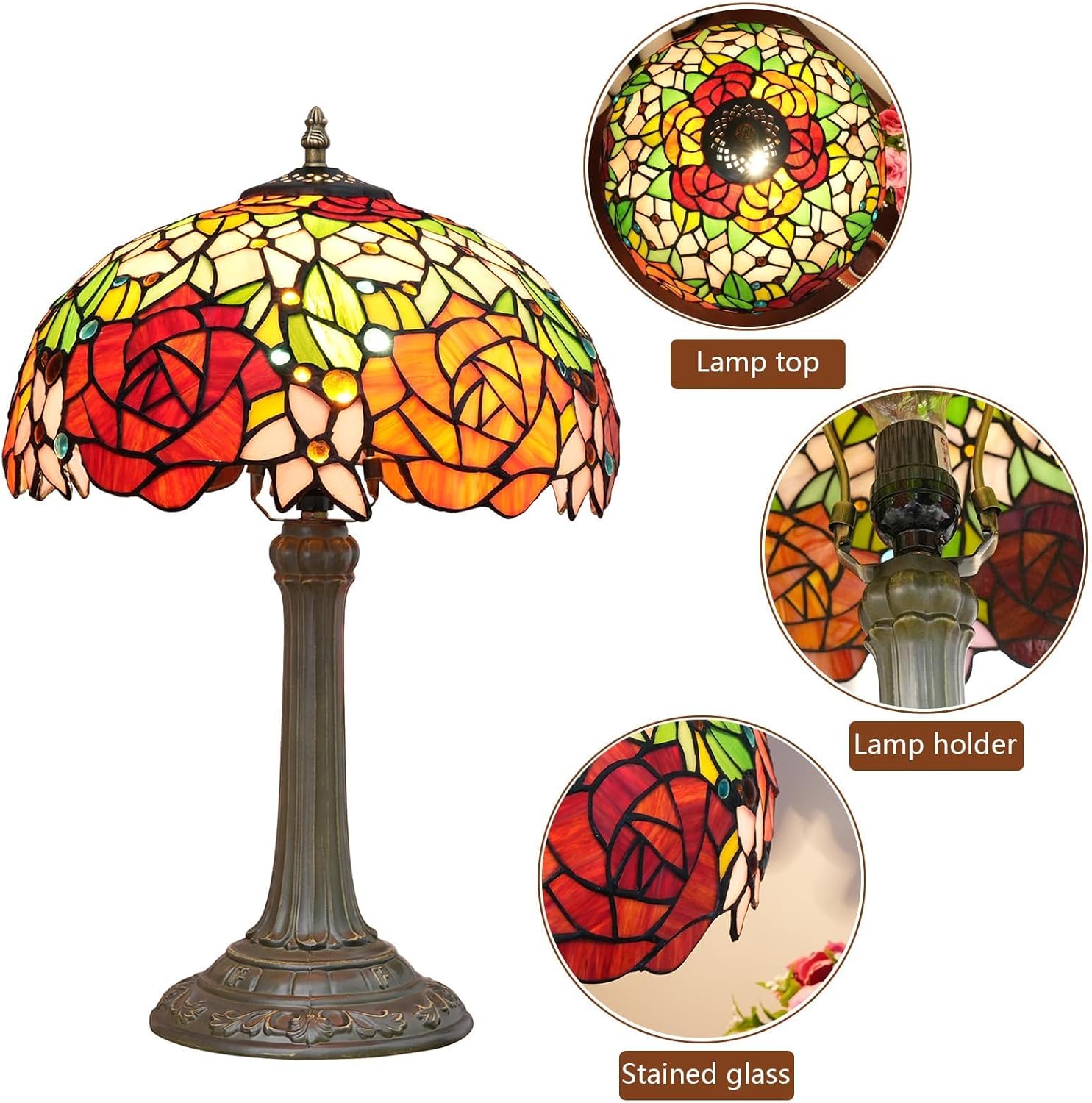 Tiffany Lamp Rose Flower Stained Glass Table Lamp 12X12X18 Inches Rose Style Desk Reading Light Decor Bedside Bedroom Living Room Home Festival Birthday Valentine's Day Christmas Gift