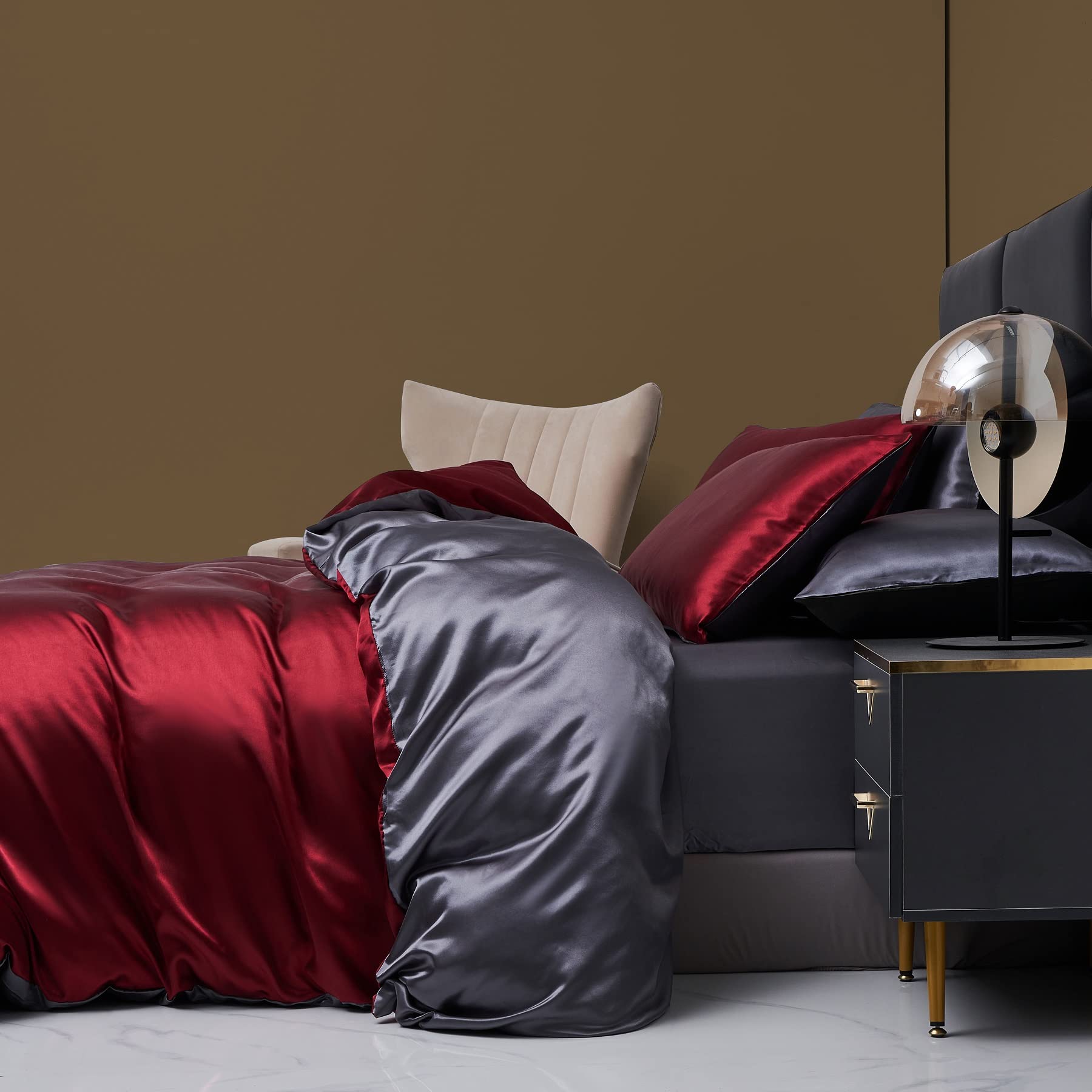 Ropa de cama de satén, 200 x 220 cm, color rojo vino, gris oscuro, reversible, de alta calidad, elegante, satén, 3 piezas, con cremallera y 2 fundas de almohada de 80 x 80 cm