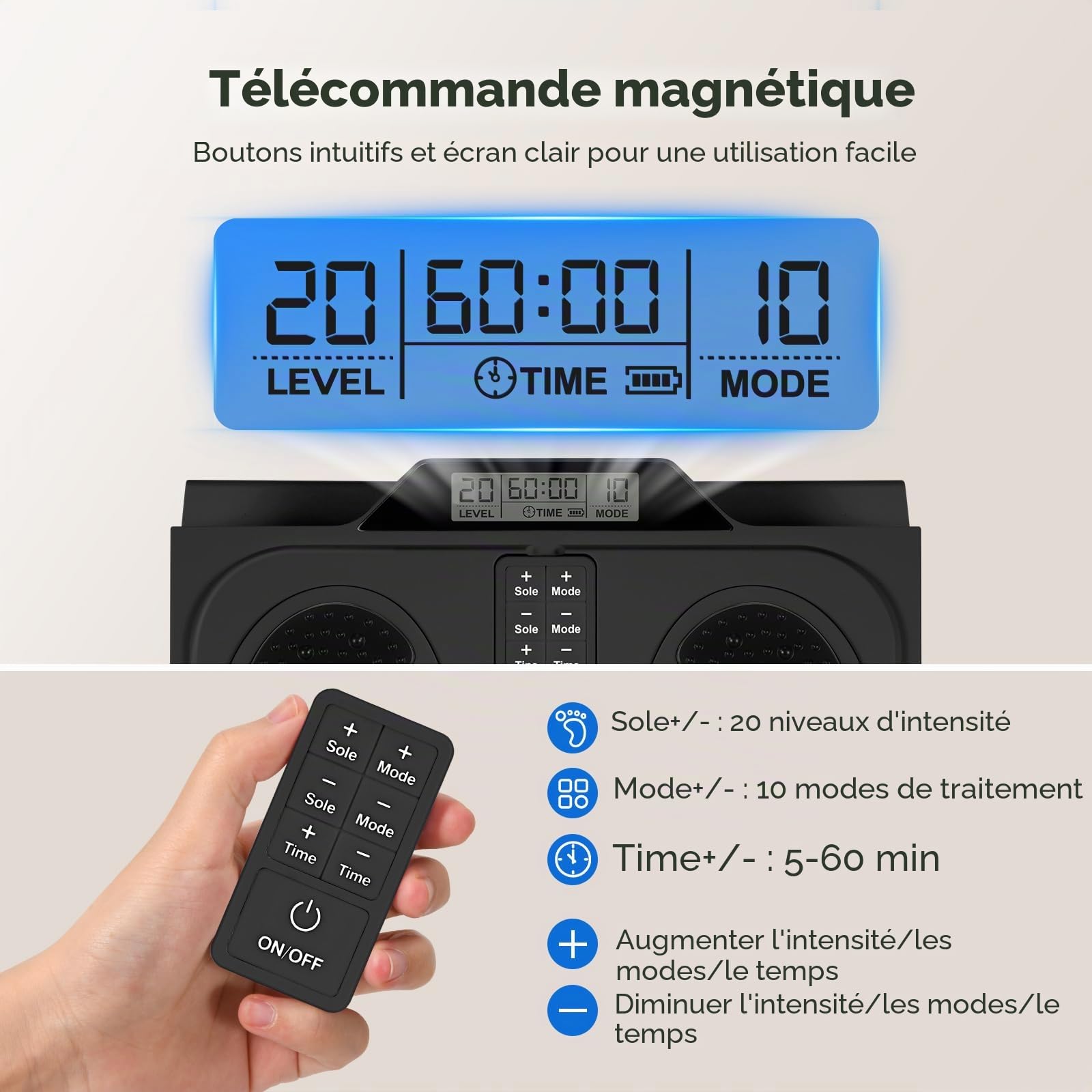 Massage des pieds avec stimulateur de circulation sanguine, EMS et TENS – Appareil de massage des pieds électrique avec 10 modes, 20 niveaux d'intensité et 4 électrodes pour soulager la douleur