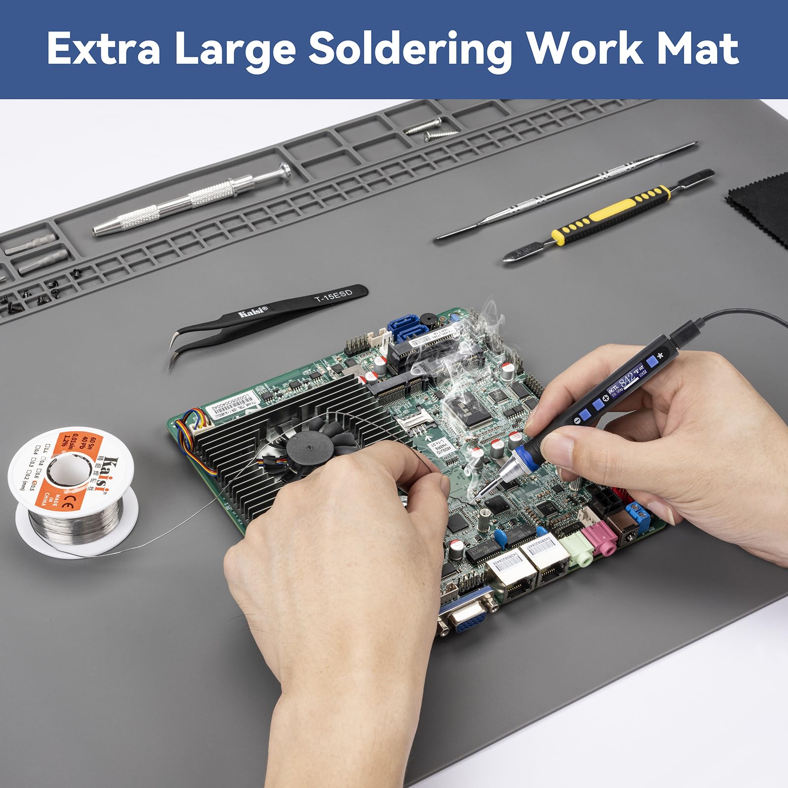 Kaisi Tappetino per saldatura, extra large, 70 x 40 cm, oversize 500 °C, in silicone resistente al calore, grande cuscinetto per banco da lavoro per riparazione elettronica, telefono, orologio, laptop