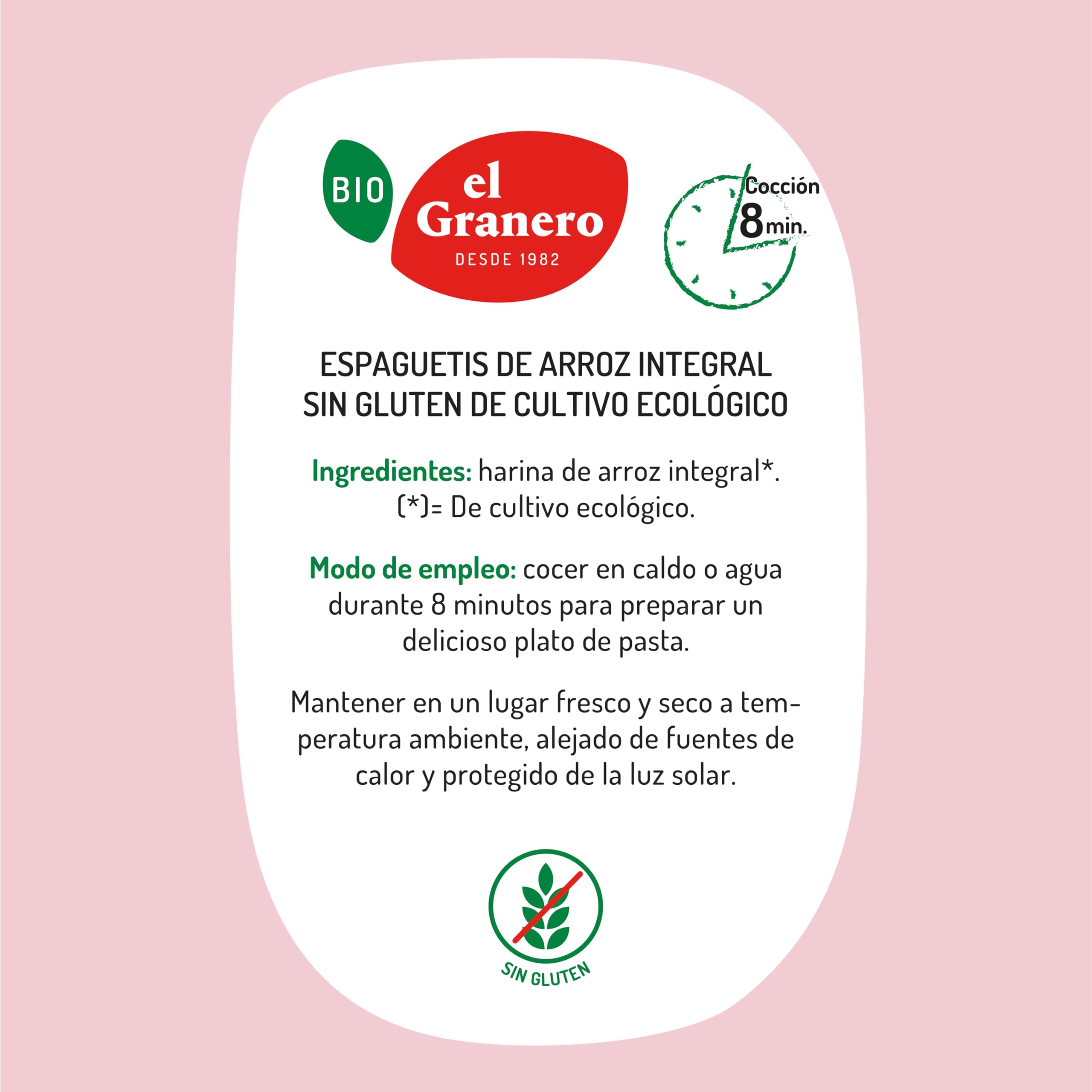 Espaguetis de Arroz Integral BIO El Granero Integral 500 g Sin Gluten Vegano