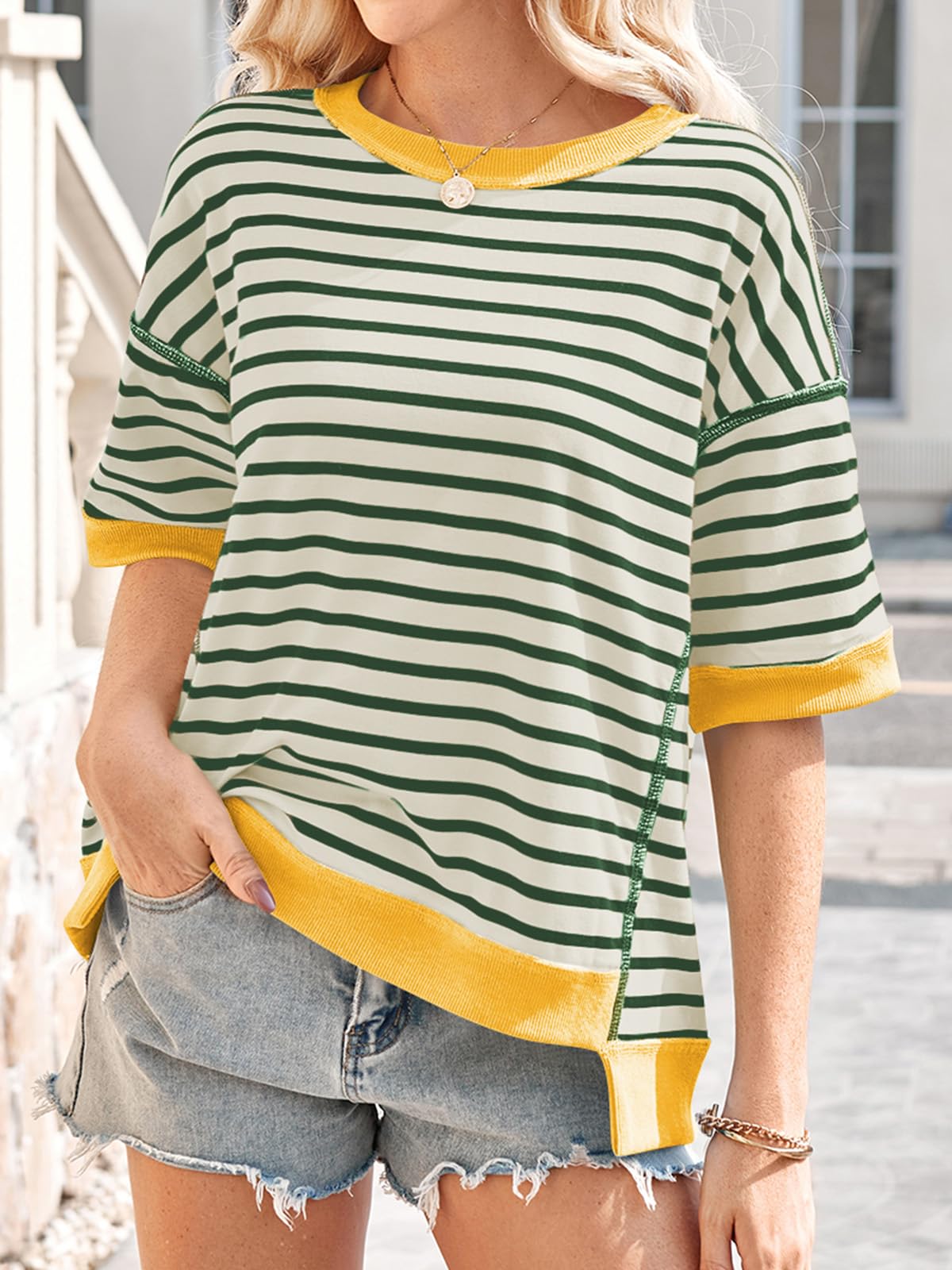 Poetsky damska bluza oversize, na co dzień, z krótkim rękawem, w paski