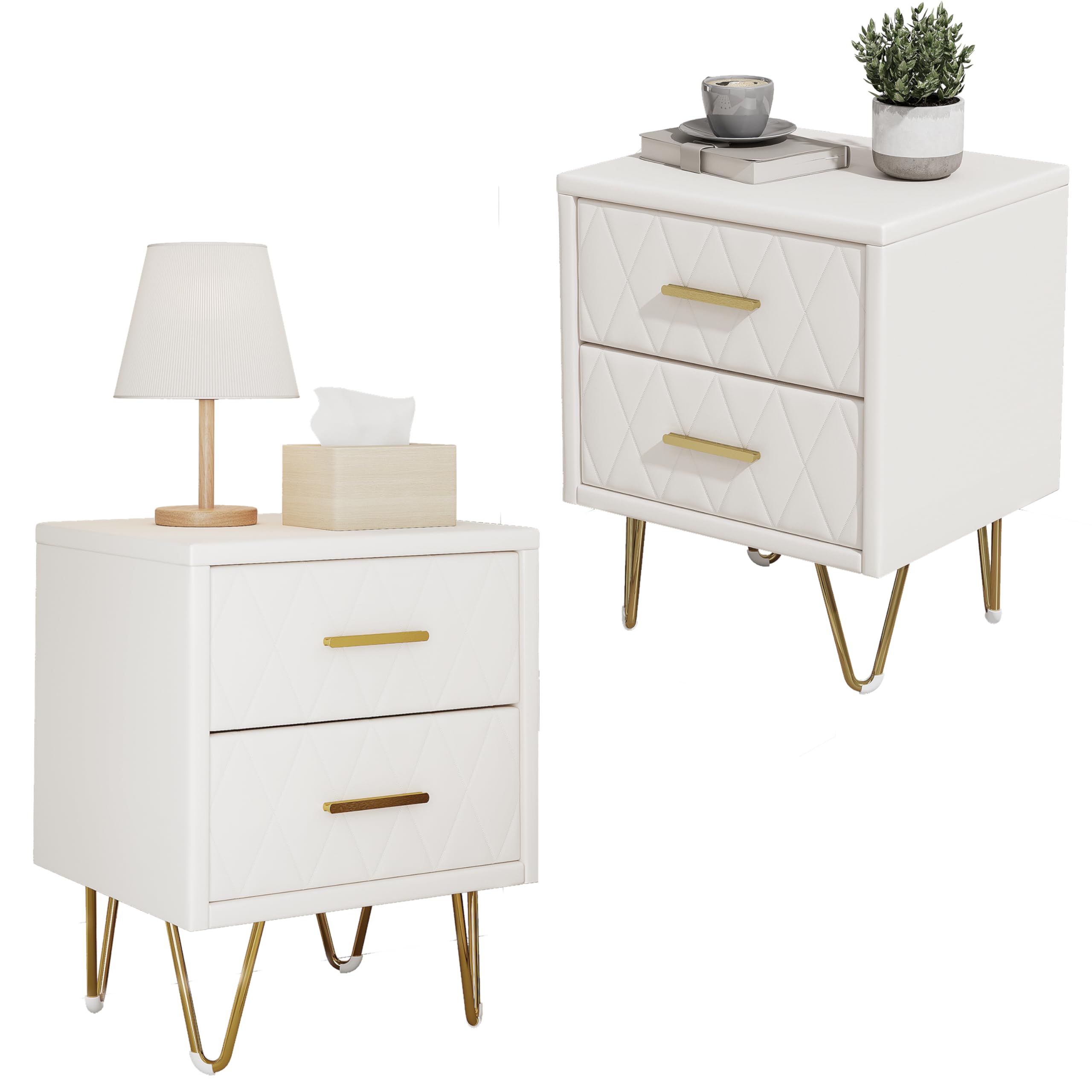 Comodino con 2 cassetti, superficie in pelle, tavolino con piedini e maniglie in metallo per camera da letto, soggiorno, 41 x 35,5 x 51 cm (beige PU+2 cassetti, 2 unità)