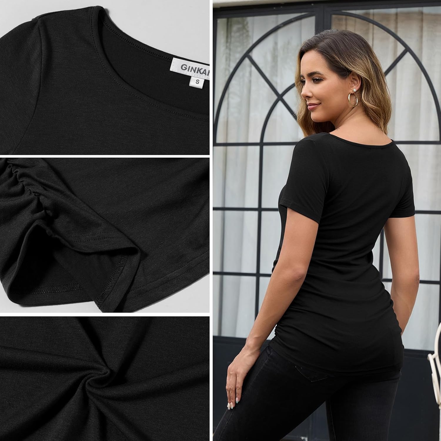 GINKANA Short Sleeve Maternity Tops Shirts Floral Ruched Sides Casual Mama Pregnancy Blouses Clothes - Image 6