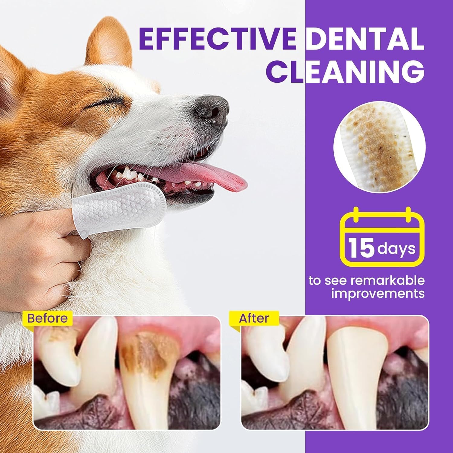 TRYV 50pcs Pet Teeth Cleaning Finger Wipes | Dog Cat Dental Cleaning Pads | Plaque Tartar Remover | Finger Toothbrush Wipes for Fresh Breath & Healthy Gums 2