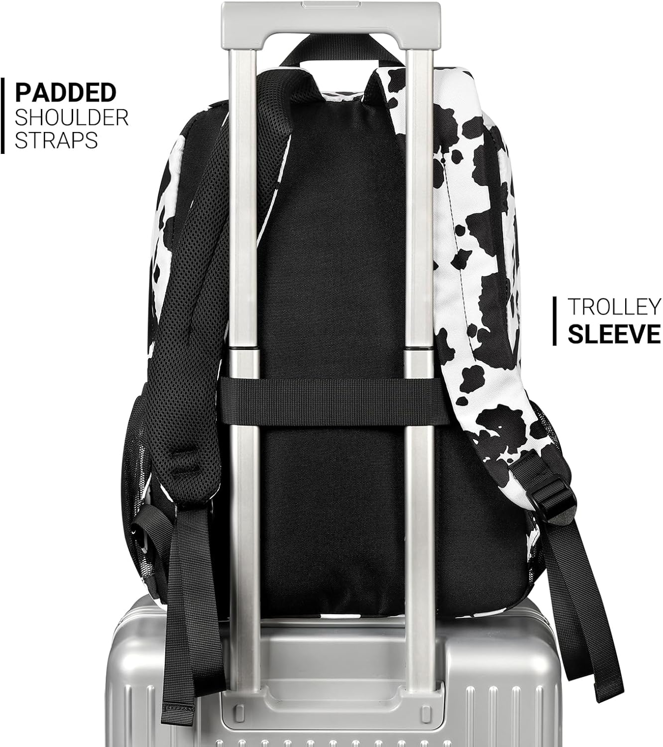 ZORFIN 26L Backpack for College, and Travel: Water Resistant Bookbag - Cow Print Black - Image 5