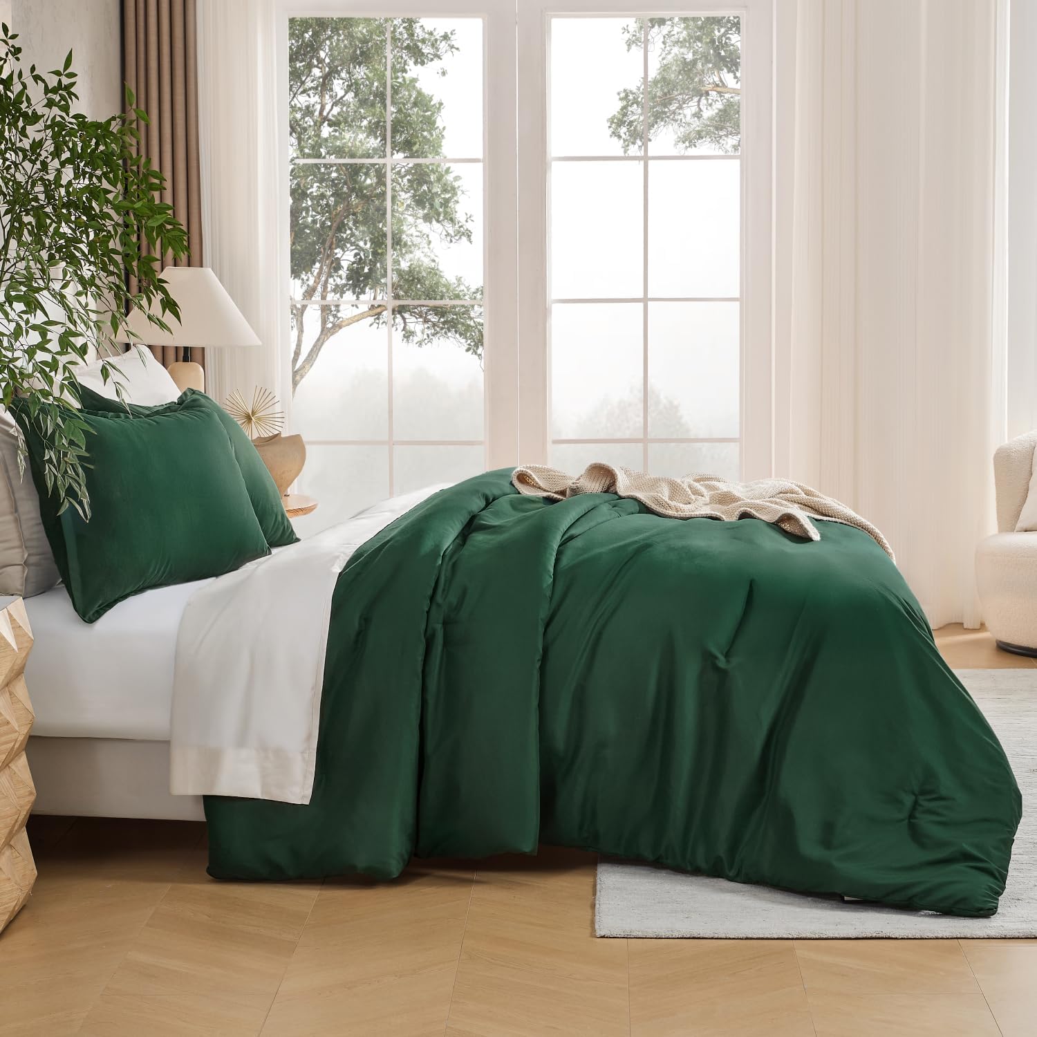 Andency Dark Emerald Green California King Comforter Set, 3 Pieces Cal King Lightweight Soft Boho Solid Bed Set, Oversized Fluffy Microfiber Bedding Set for Adults - Image 7