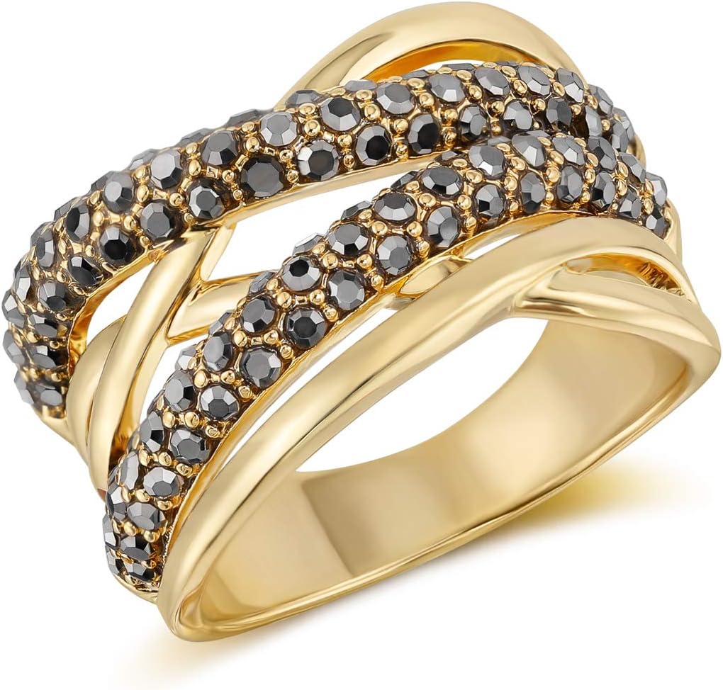 Mytys Statement Ring Art Deco Vintage Black Crystal Rhinestone Ring, Gothic Chunky Wide Band Cocktail Ring Silver Plated Women Fashion Jewelry