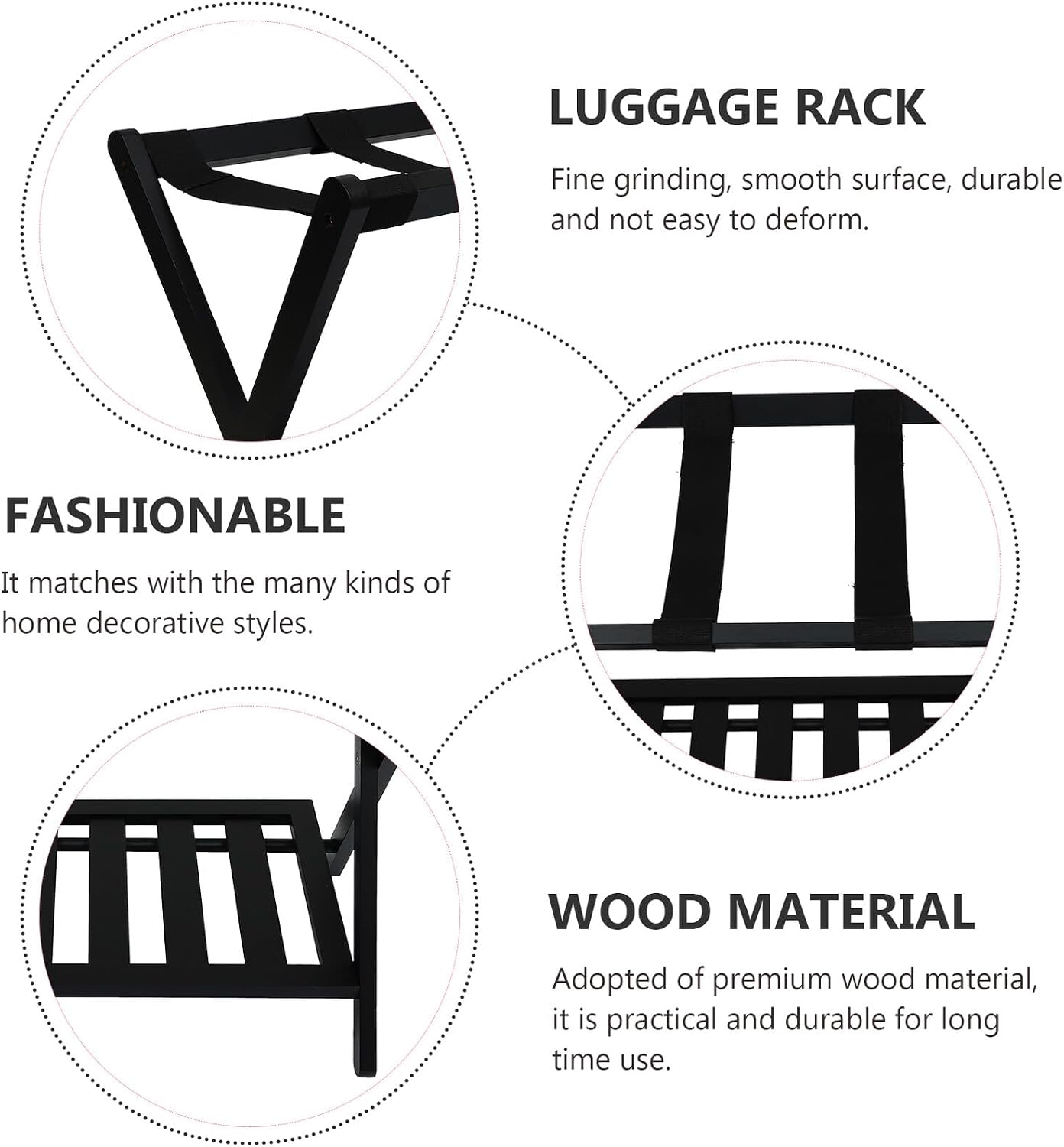 Black Foldable Solid Wood Luggage Rack with Double-layer Storage Shelf, Portable Home and Office Baggage Stand for Shoes and Suitcases, Household Storage Organizer