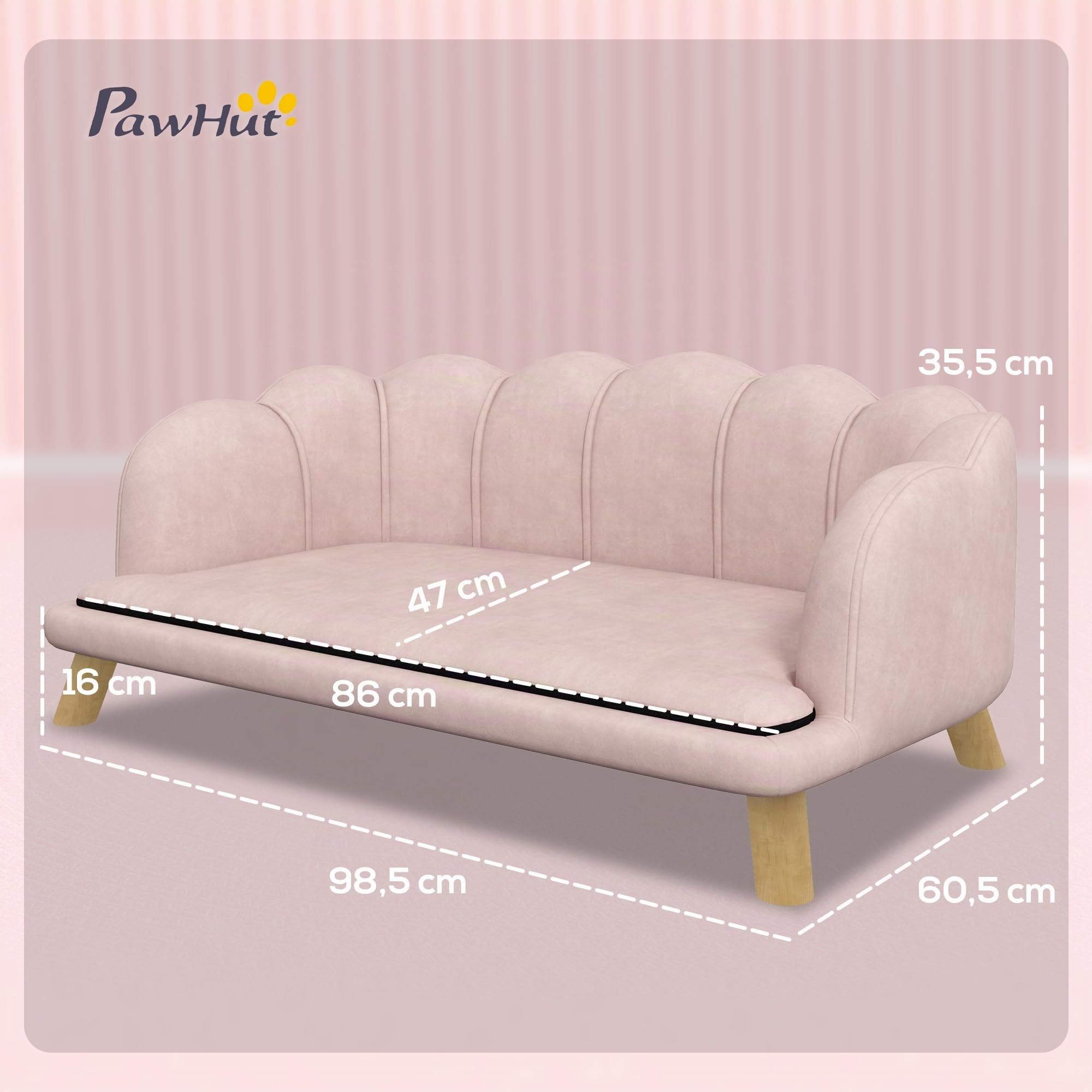 PawHut Canapé pour Chien Housse Lavable avec Dossier et Pieds en Bois, pour Chiens de Taille Moyenne Moins de 25 kg, Rose