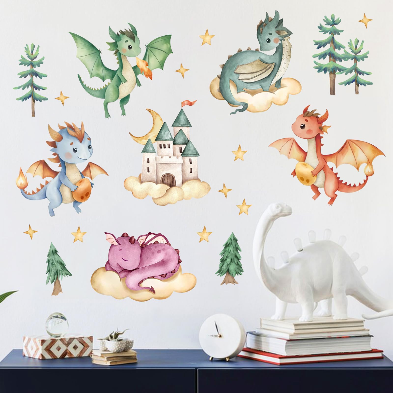 Yovkky Baby Dragon Naklejki Ścienne, Akwarela Zamek Sosna Chmura Księżyc Gwiazdy Neutralny Maluch Wystrój przedszkola, Smocze Jajka Dekoracje Domu Dzieci Dziewczyny Chłopcy Sypialnia Pokój Zabaw