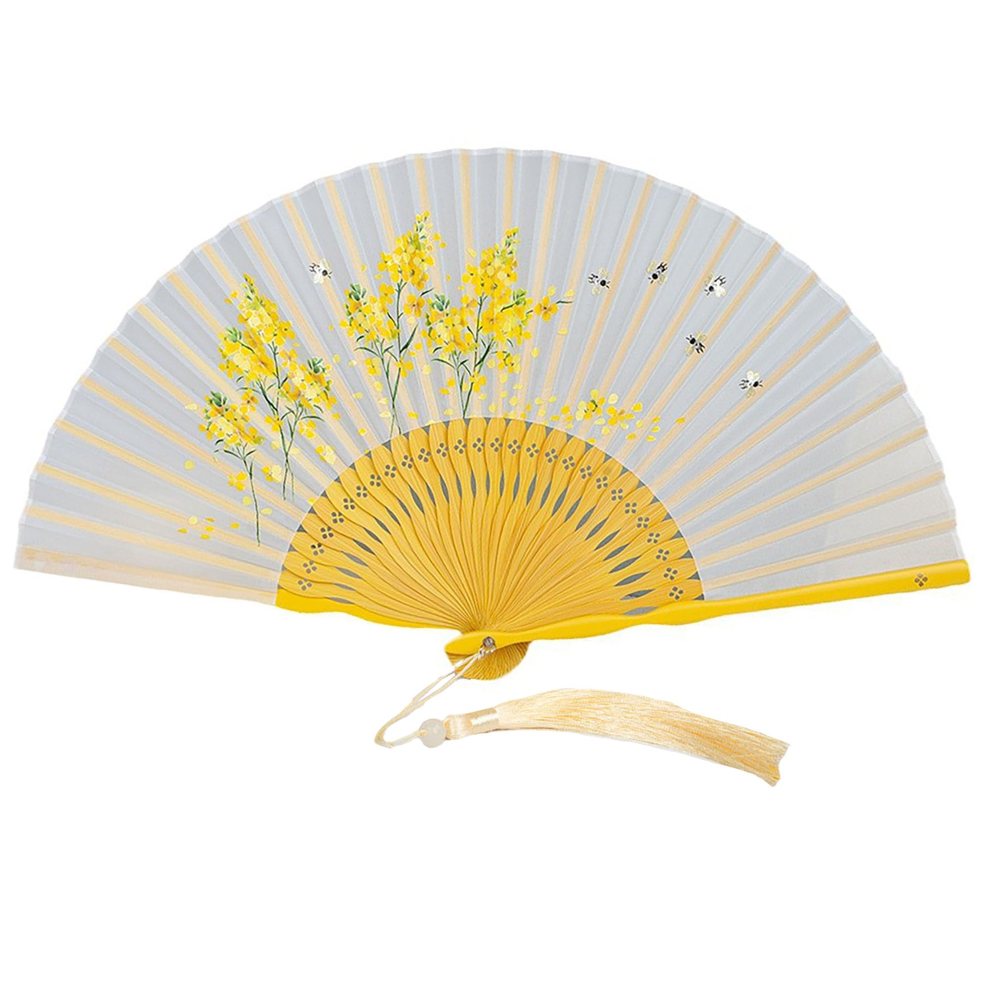GFM® Bamboo Silk Handheld Folding Japanese Chinese Hand Fan for Summer, Wedding, Party Favour (MR-E) (F101-03-Bees Yellow Flowers) (FLSLK-F101-03) — image 1