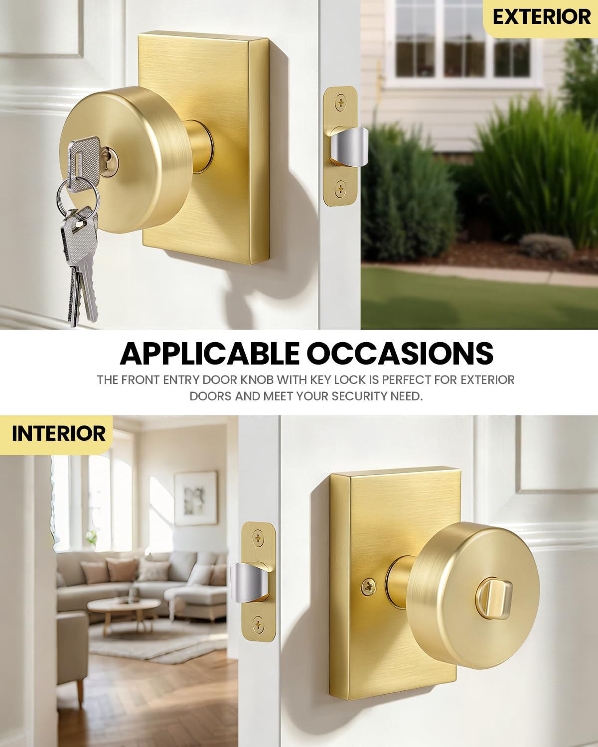 Brushed Gold Door Knobs with Lock & Key - FREE SHIPPING -2