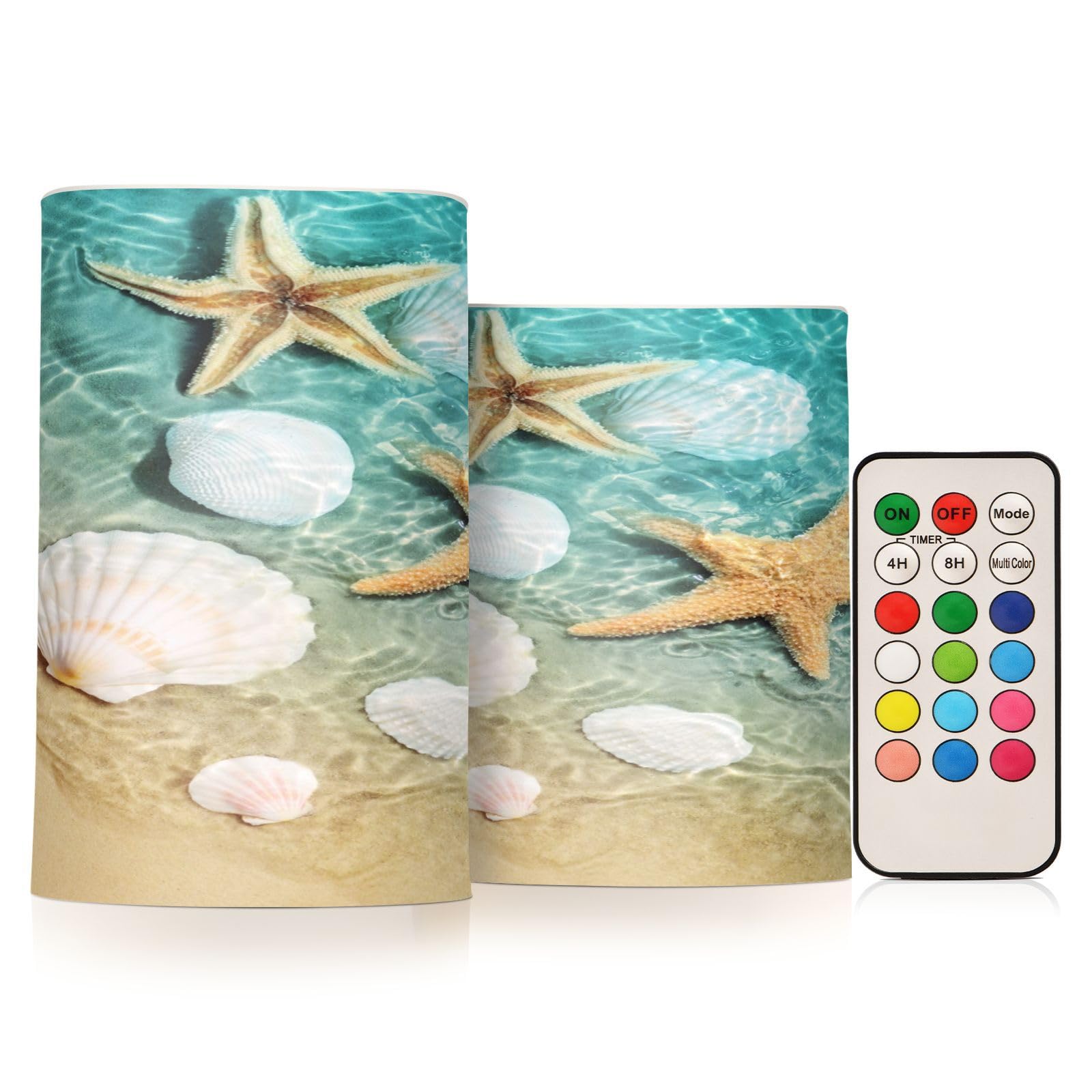 Starfish and Seashell on The Summer Beach Flameless Candles, Flickering LED Candles Battery Operated Color Changing with Remote Timer for Party Wedding Decoration