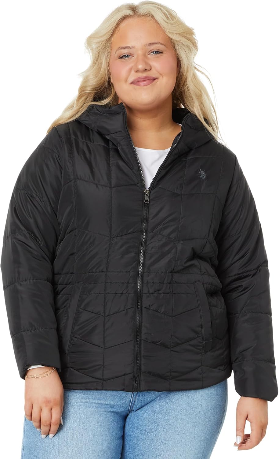 U.S. POLO ASSN. Plus Size Zigzag Wave Cozy Faux Fur Lining Hooded Quilted Puffer