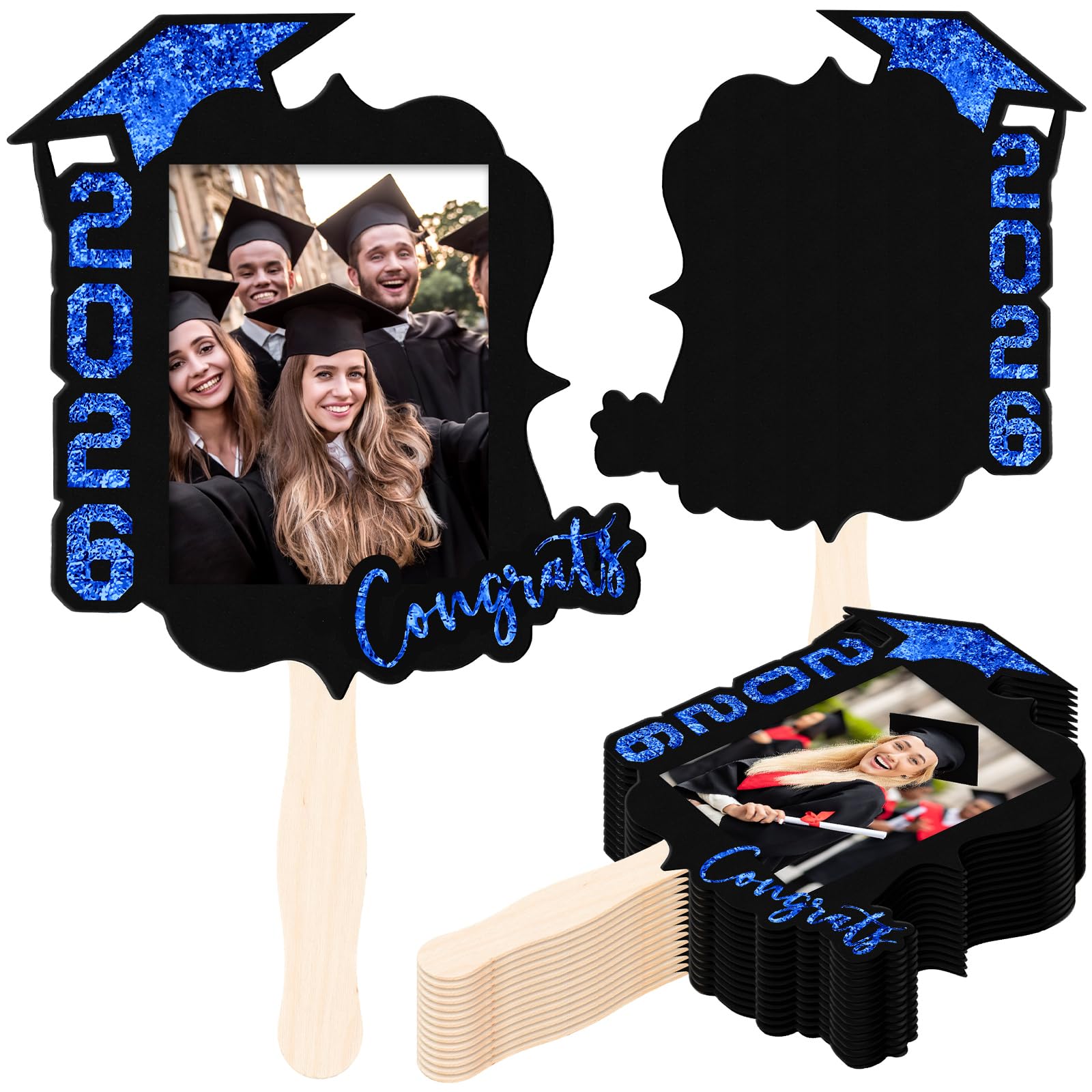 Photo 1 of 24 Pcs Personalized Graduation Fans Custom Photo Cutout Face Fans with Handle Double Sided Class of 2026 Grad Photo Props Grad Party Supplies Blank DIY Frame for Graduation Party Souvenirs(Blue)