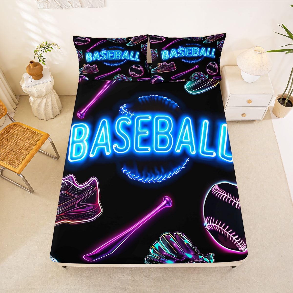 Homewish Prześcieradła baseballowe król chłopcy gra sportowa prześcieradło dzieci nastolatki świecąca piłka gry zestaw pościeli, miękkie oddychające rękawiczki do kija baseballowego buty wzór narzuta