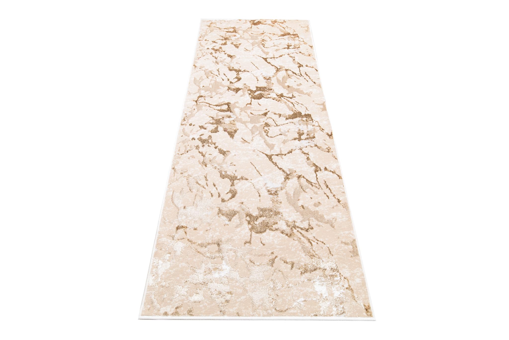 TAPISO Crystal Läufer Teppich Glänzend Beige Gold Creme Marmoreffekt Abstrakt Wohnzimmer Schlafzimmer Flur Korridor Modern Design ÖKO-TEX 80 x 200 cm