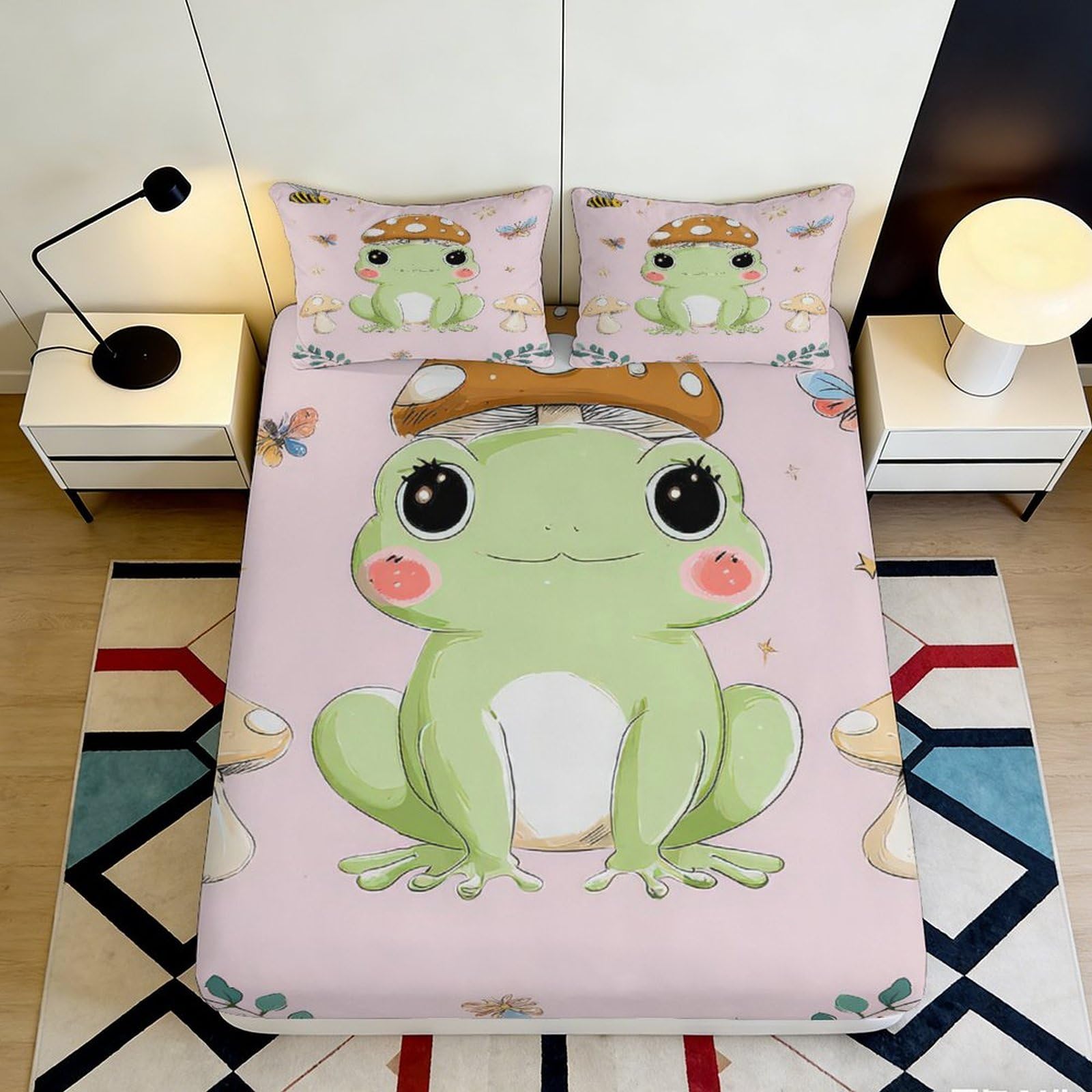 3D Printed Frog Mushroom Fitted Sheet Microfiber Soft Non-Slip Bed Cover Cute Cartoon for Bedroom Dorm Mattress Protection 90x200x25cm