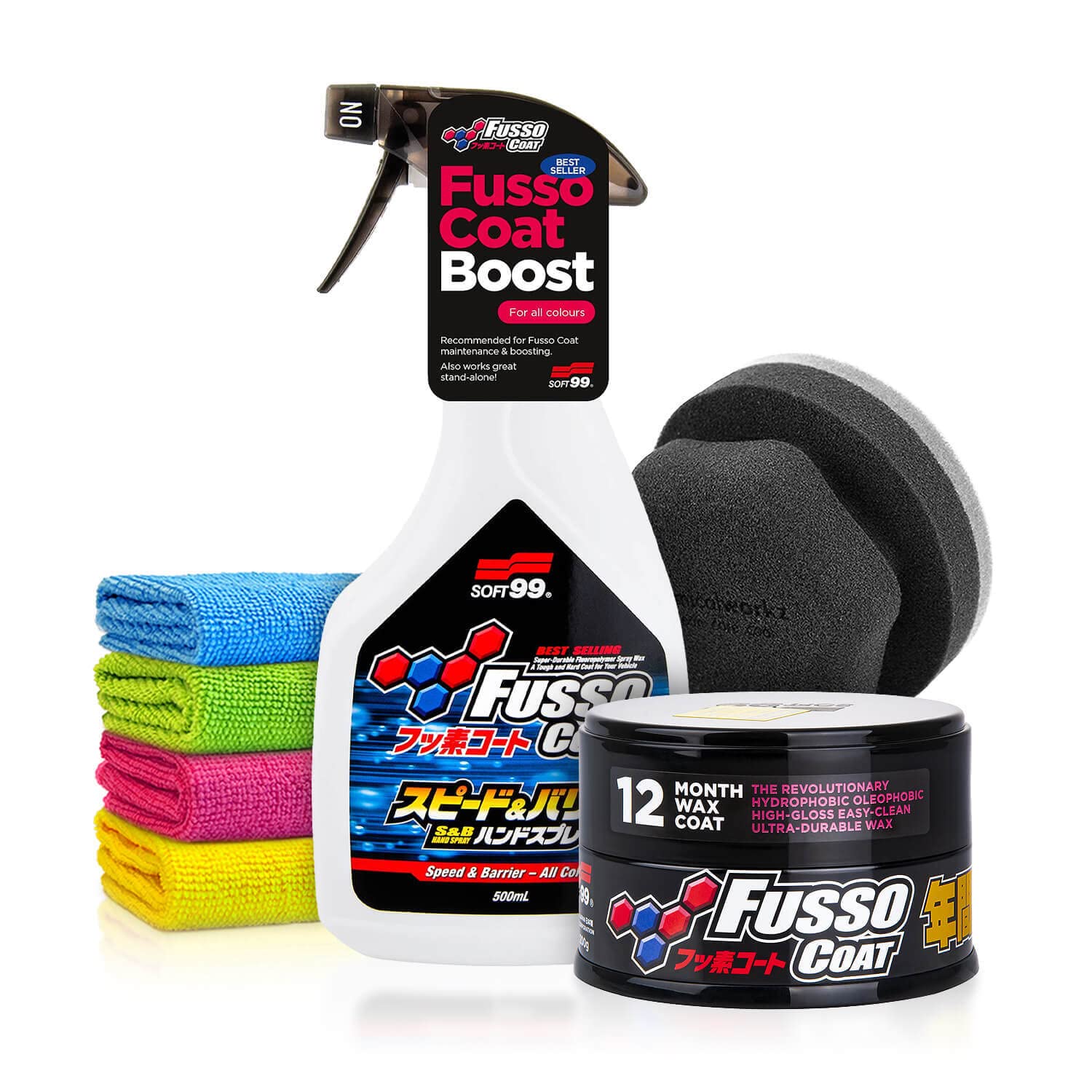 Auto Wachs Versiegelung Set: Soft99 Fusso Coat Dark 12 Months Wax + Speed + Barrier Quick Detailer - Auto Hartwachs mit Schutz & Glanz-Finish für schwarze & dunkle Lacke - Lackversiegelung | 8-teilig