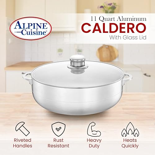 Miniatura 4 de Alpine Cuisine Olla caldero de aluminio de 11 cuartos con tapa de cristal, rendimiento del horno holandés para una distribución uniforme del calor,